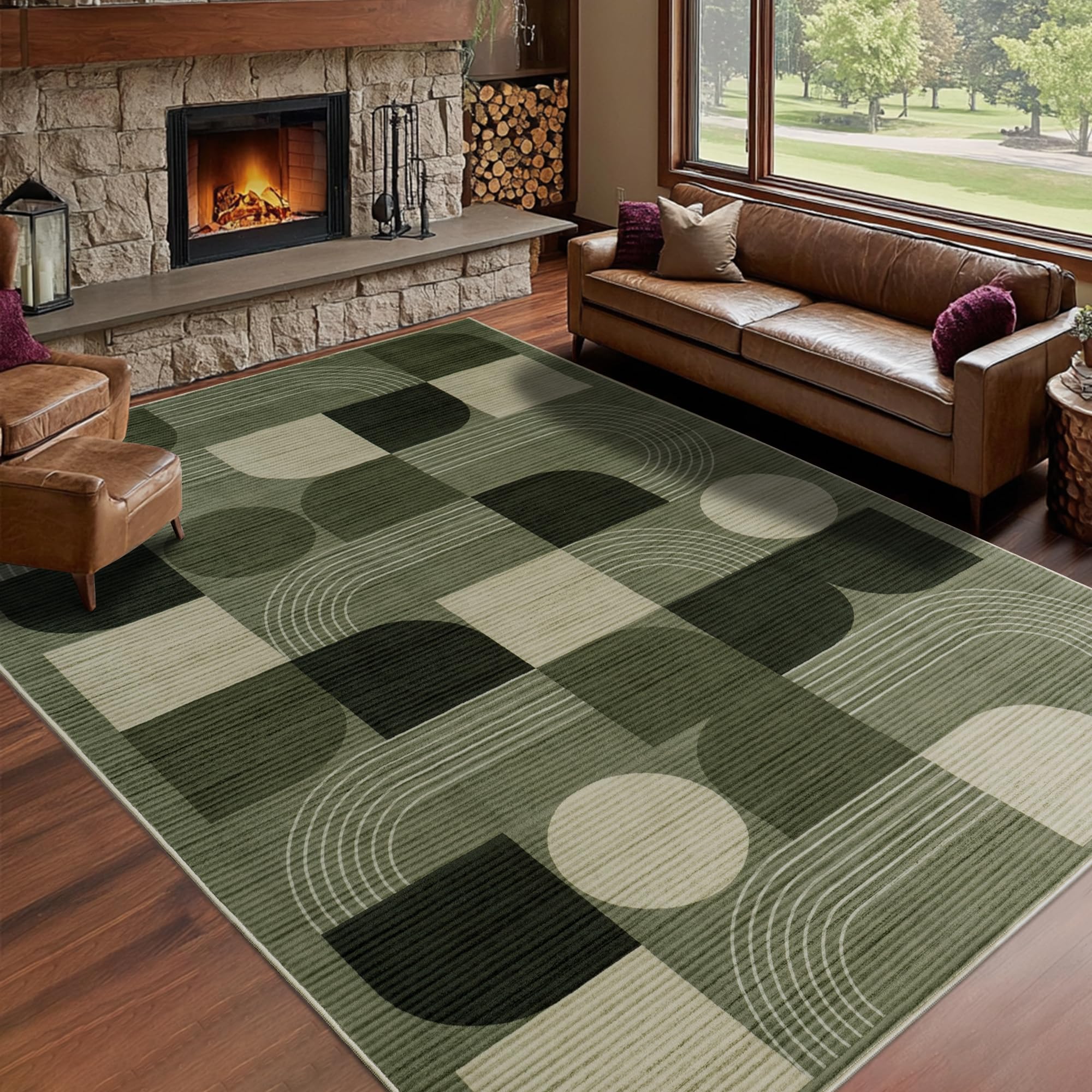Calinline Luxury Large Area Rugs for Living Room, Modern Geometric Abstract Bedroom Rugs, 160x230cm Green Soft Short Pile Lounge Rug, Non Slip Washable Carpet for Dining, Hallway, Office Home Decor