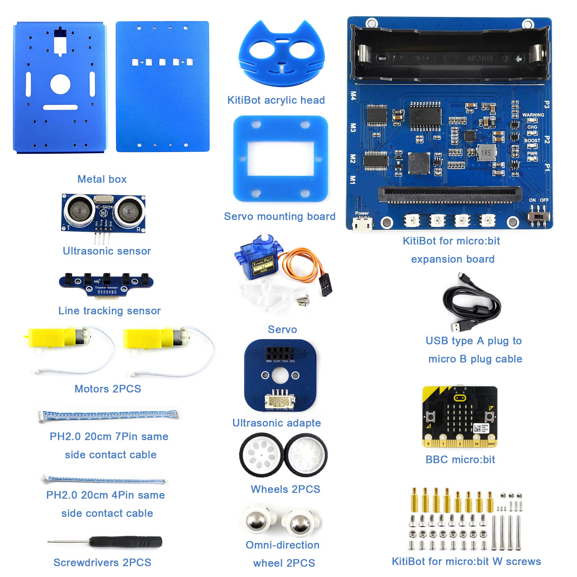 Micro:bit Smart Robot Kit, with The BBC Micro:bit, Designed for Kids Programming Education, Achieves Line Tracking, Obstacle Avoiding, Ultrasonic Ranging, Servo Operation, Bluetooth Remote Control.