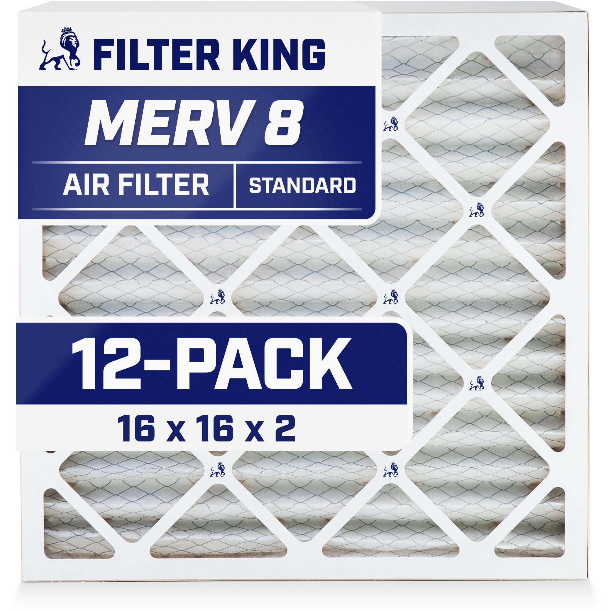 Filter King 16x16x2 Air Filter (MERV 8) (12-Pack) Dust & Allergy Control AC Furnace Filters, MADE IN USA, HVAC, Pleated, Electrostatic (Actual Size: 15.5 x 15.5 x 1.75)