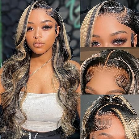 13x6 Highlight Ombre Balayage Lace Front Wigs Human Hair 1b/27 Black and Blonde Lace Frontal Body Wave Wig Pre Plucked with Baby Hair for Black Women HD Transparent 180% Density Wig 18 Inch