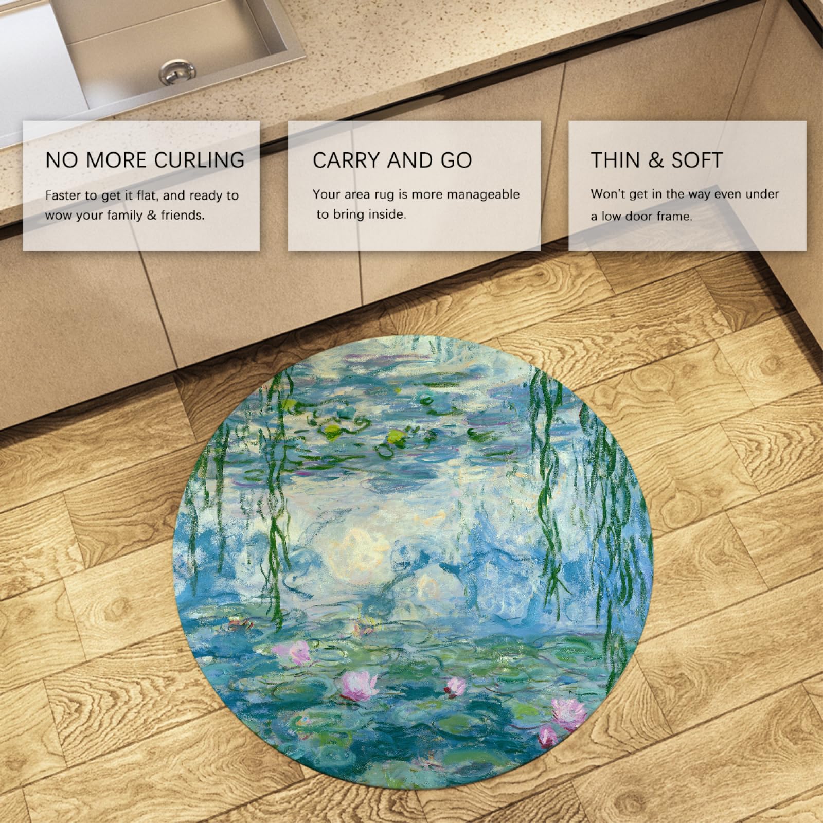 Tapis Ronds de Style impressionniste 100cm nénuphar Lavable Support antidérapant Jeté à Poils Ras Tapis Circulaire pour Salle à Manger Chambre d’Amis