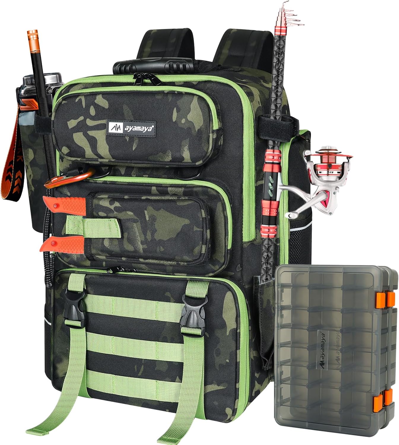 AYAMAYA Fishing Backpack, 40L Tackle Backpack with Rod Holders & 2 Tackle Trays, Large Water-resistant Fishing Bag Equipments