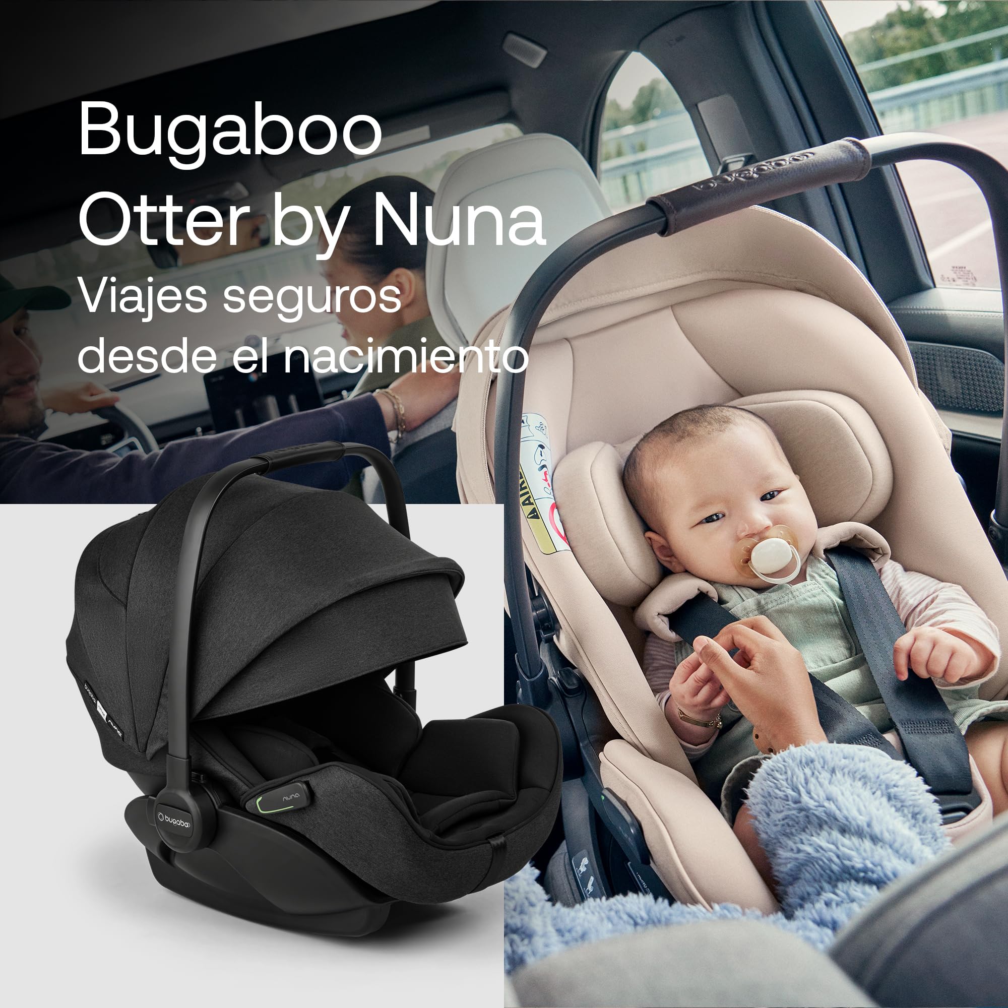 Bugaboo Otter by Nuna - Silla de coche i-Size, compatible con base 361 | reclinable hasta posición horizontal, capota UPF 50+, espuma viscoelástica, para bebés de 0-15 meses, Mineral Washed Black