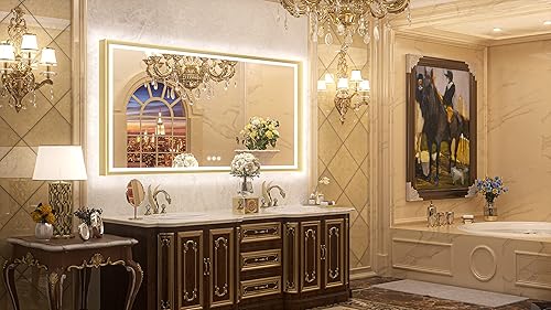Miniatura 2 de TETOTE Espejo de baño LED de 72 x 36 pulgadas con luces, marco de metal dorado, luz delantera y trasera, espejo de tocador, barroco, antivaho sin