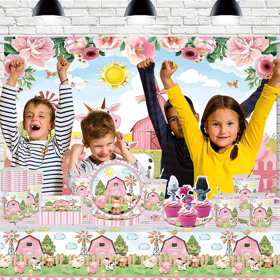 Set Stoviglie Fattoria Per 20 Persone | Piatti, Bicchieri, Tovaglioli E Tovaglia | Theme Porcellini E Agnelli - Foto 12