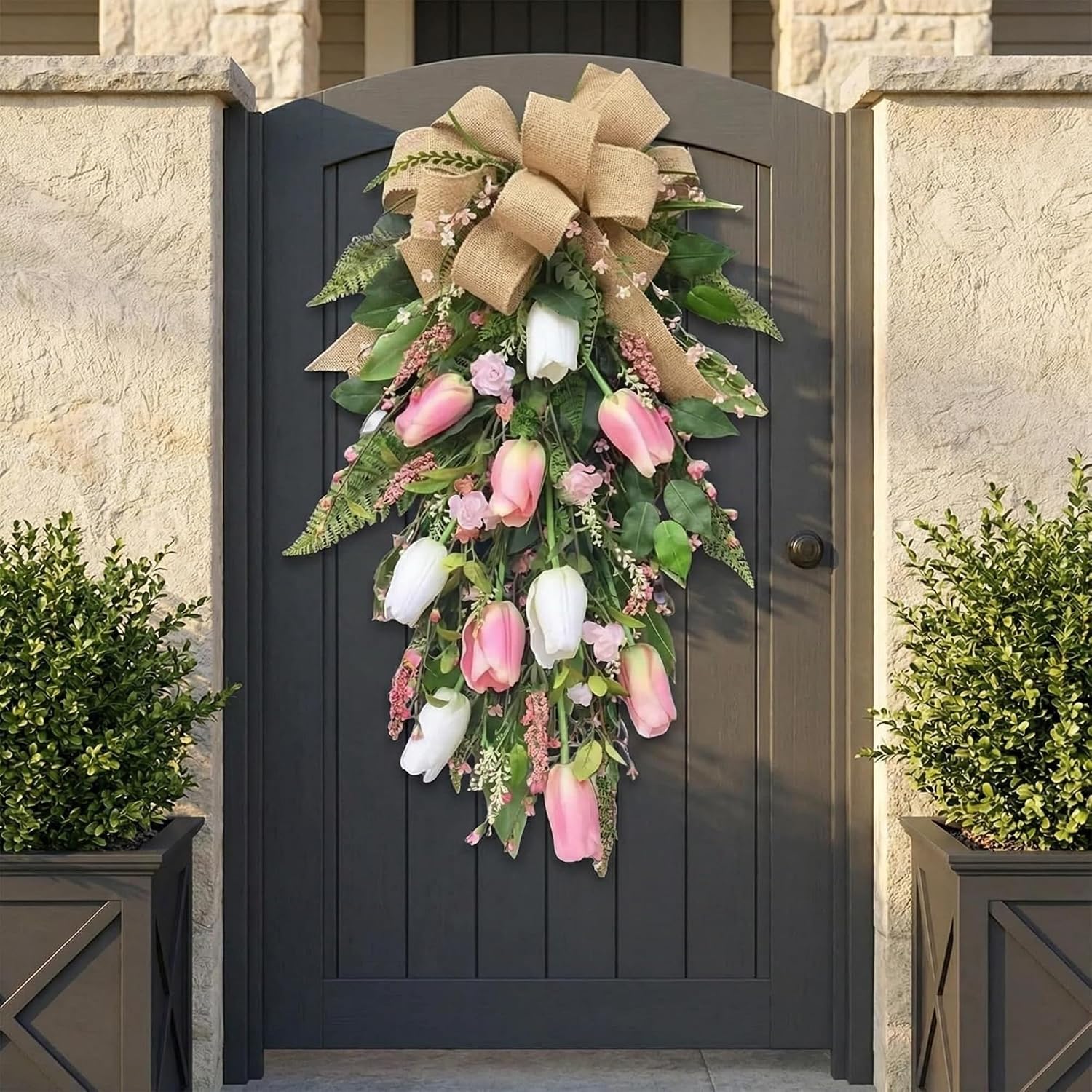 1pcs Artificial Flower Door Hanging Wreath – 21.7x11.8x2.4Inch Faux Floral Swag with Pink & White Blooms, Green Leaves