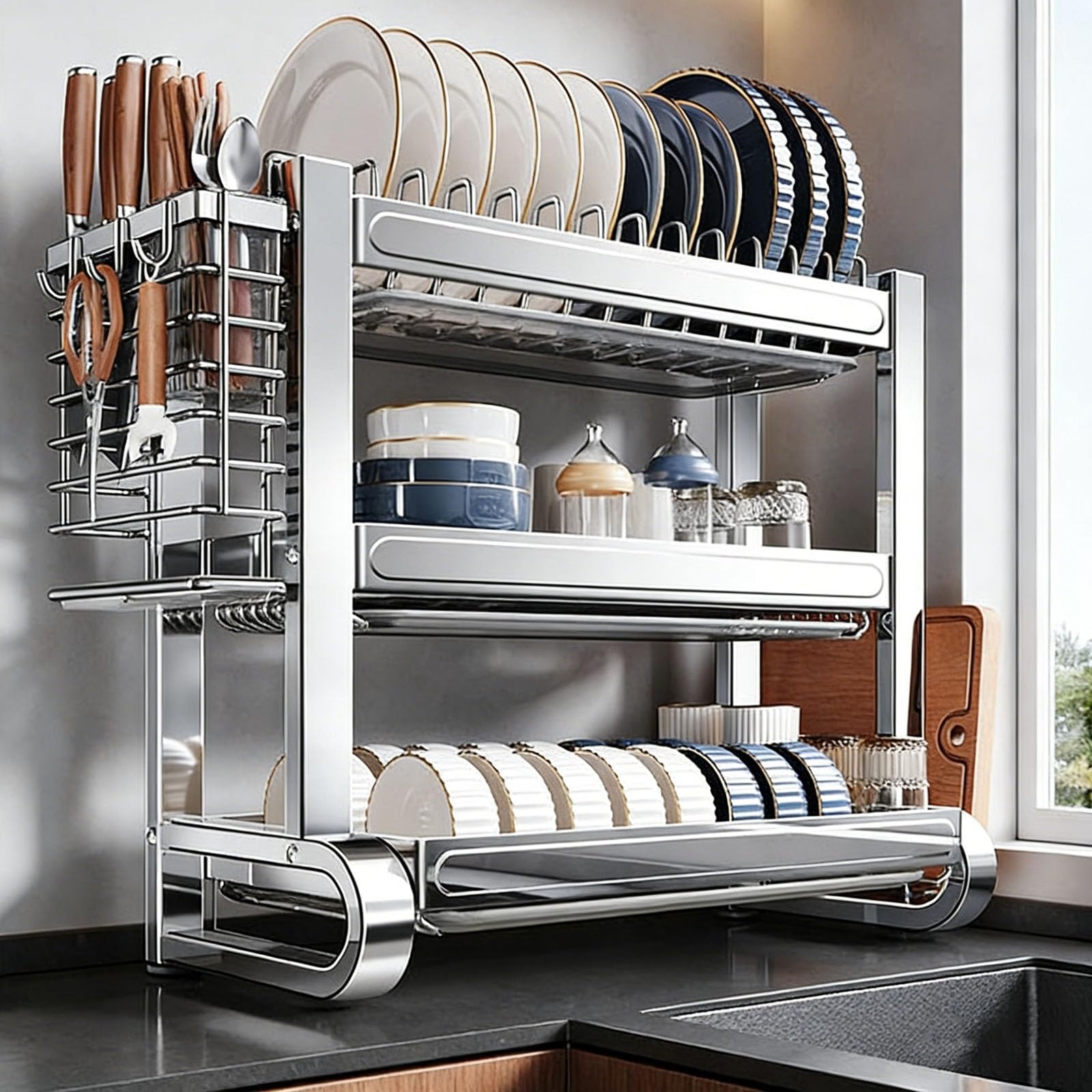 Soporte para utensilios de cocina, multifuncional, de acero inoxidable, organizador de triple capa para platos, vasos, cuencos, cocina del hogar, 55 cm