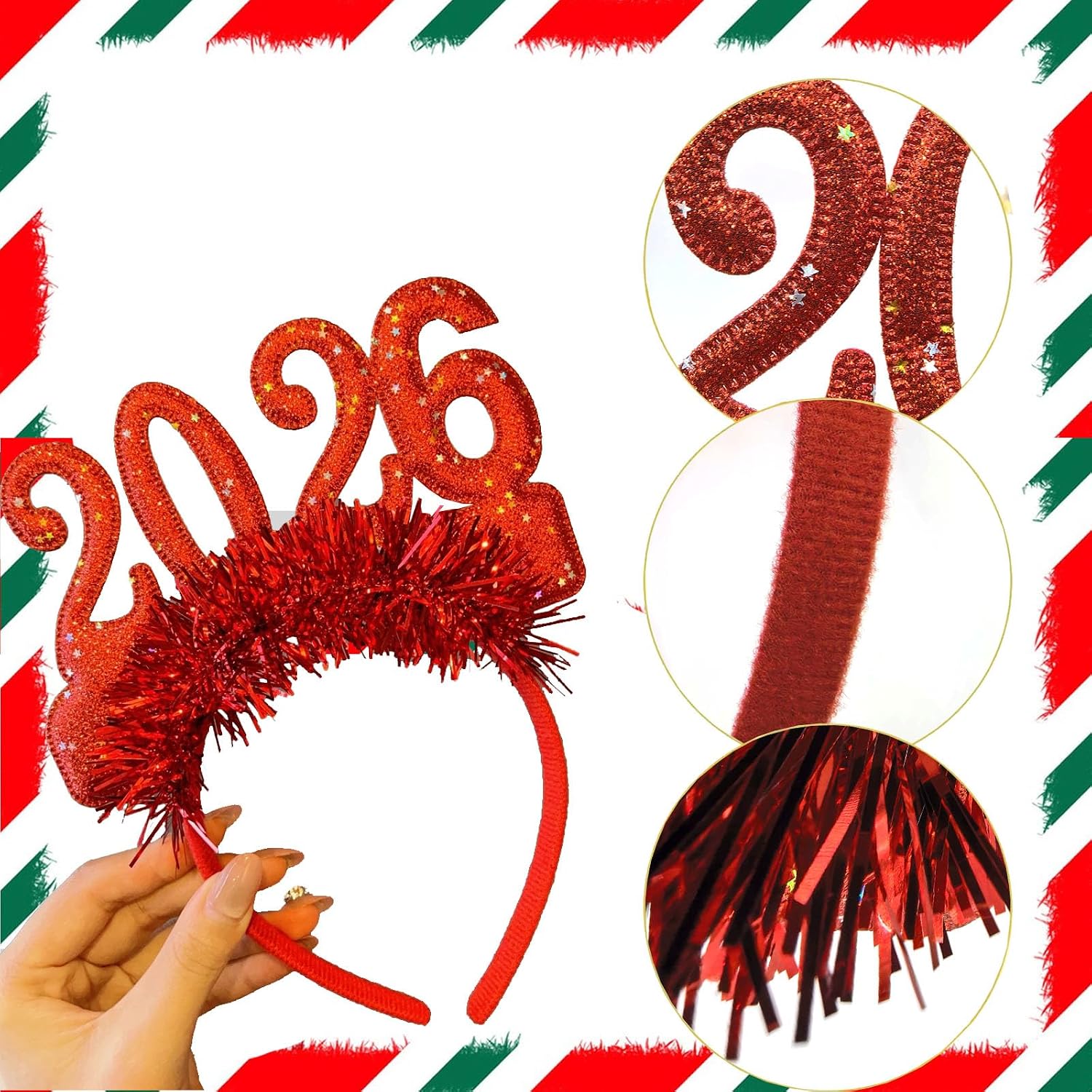 Sparkly 2026 New Year Hairband with Red Glitter & Star - Shiny New Year's Eve Party Headband for Women, 2026 Countdown Celebration Accessories (Red) image 3