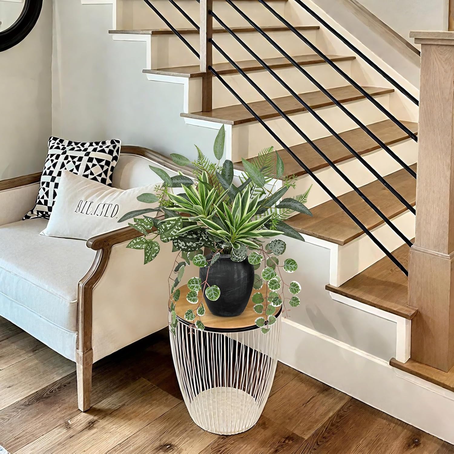 Artificial Greenery Arrangement with Cement Vase, Fake Potted Plants in Rustic Jug Planter, Faux Leaf Bouquet for Table Centerpiece, Farmhouse Home Decor, Dining Room, Living Room, Shelf Decoration