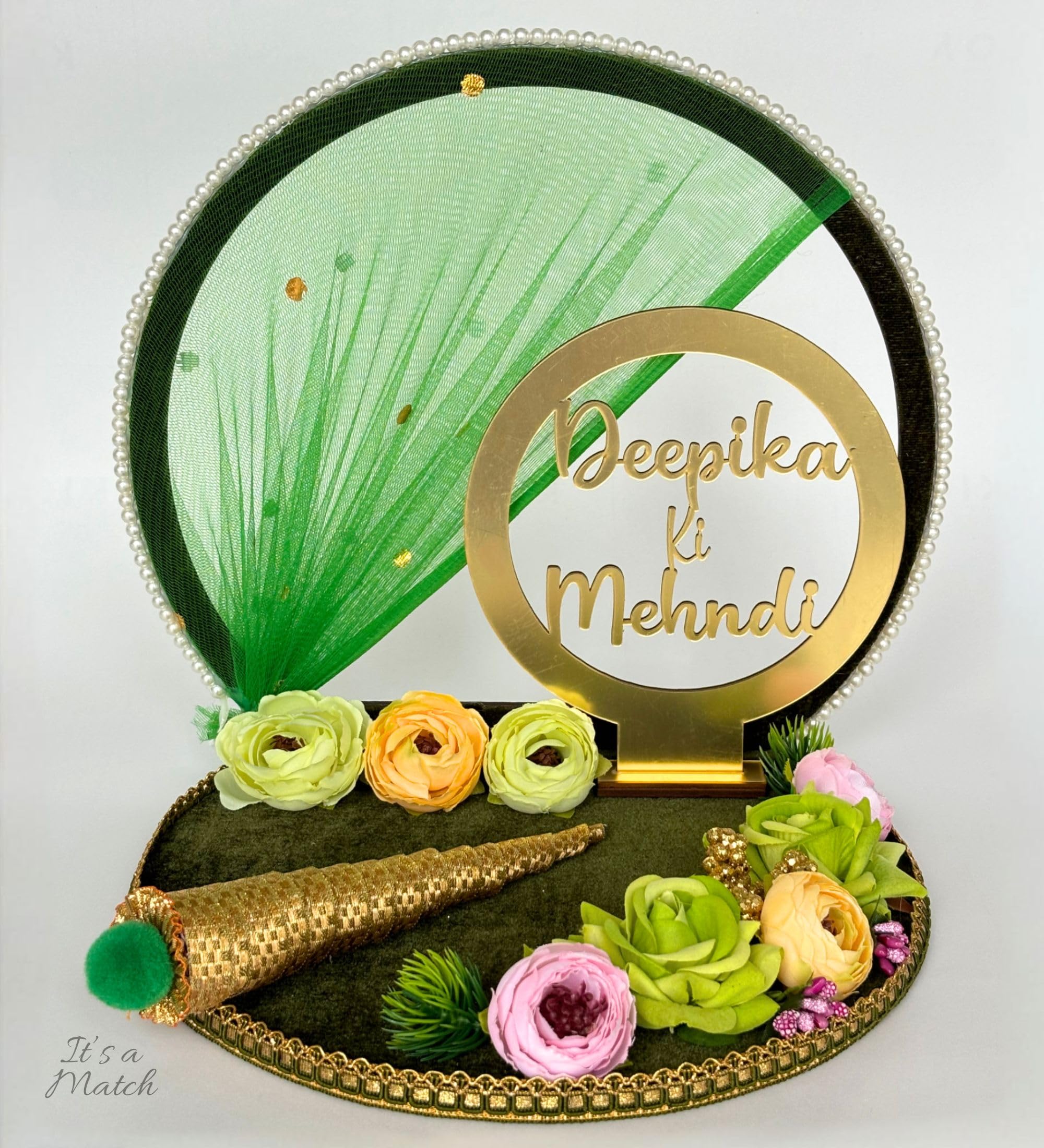 It's a Match Wood Personalized Mehndi Platter, Handcrafted Thali, Tray Wedding Mehndi Plate for Mehndi Ceremony, Bride or Groom, Marriage Decor, Round, Green