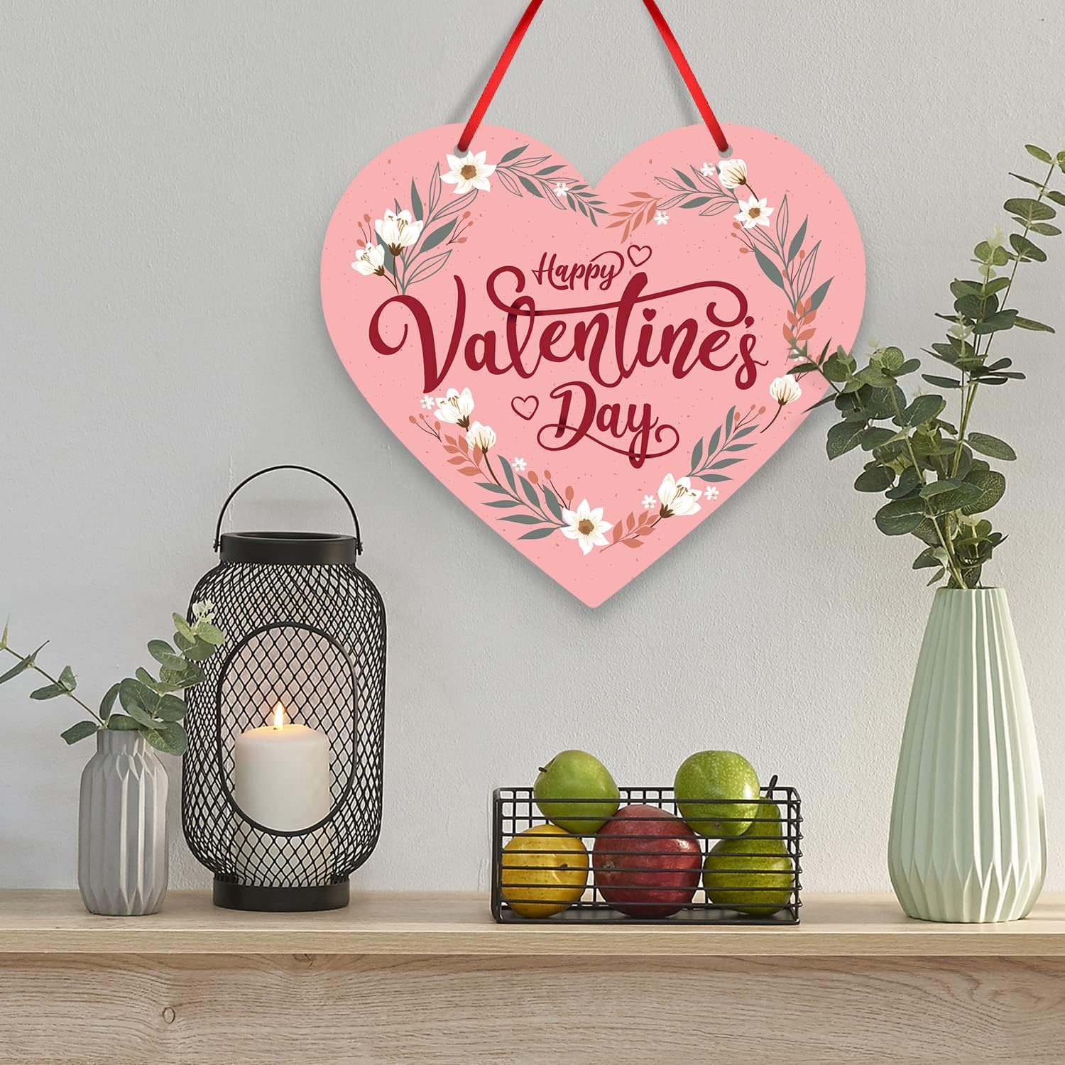 Valentine Decorations Happy Valentine's Day Flowers Pink Background, 9 Inch Aluminum Heart Shaped Door Sign with Red Satin Ribbon by Soul Décor