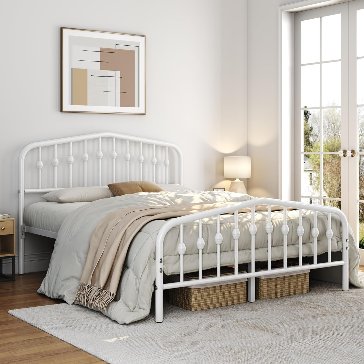 Yaheetech Metal Bed Frame Queen Size Metal Platform Bed Frame with Victorian Style Headboard/Footboard/Easy Assembly/No Box Spring Needed/White Smoke