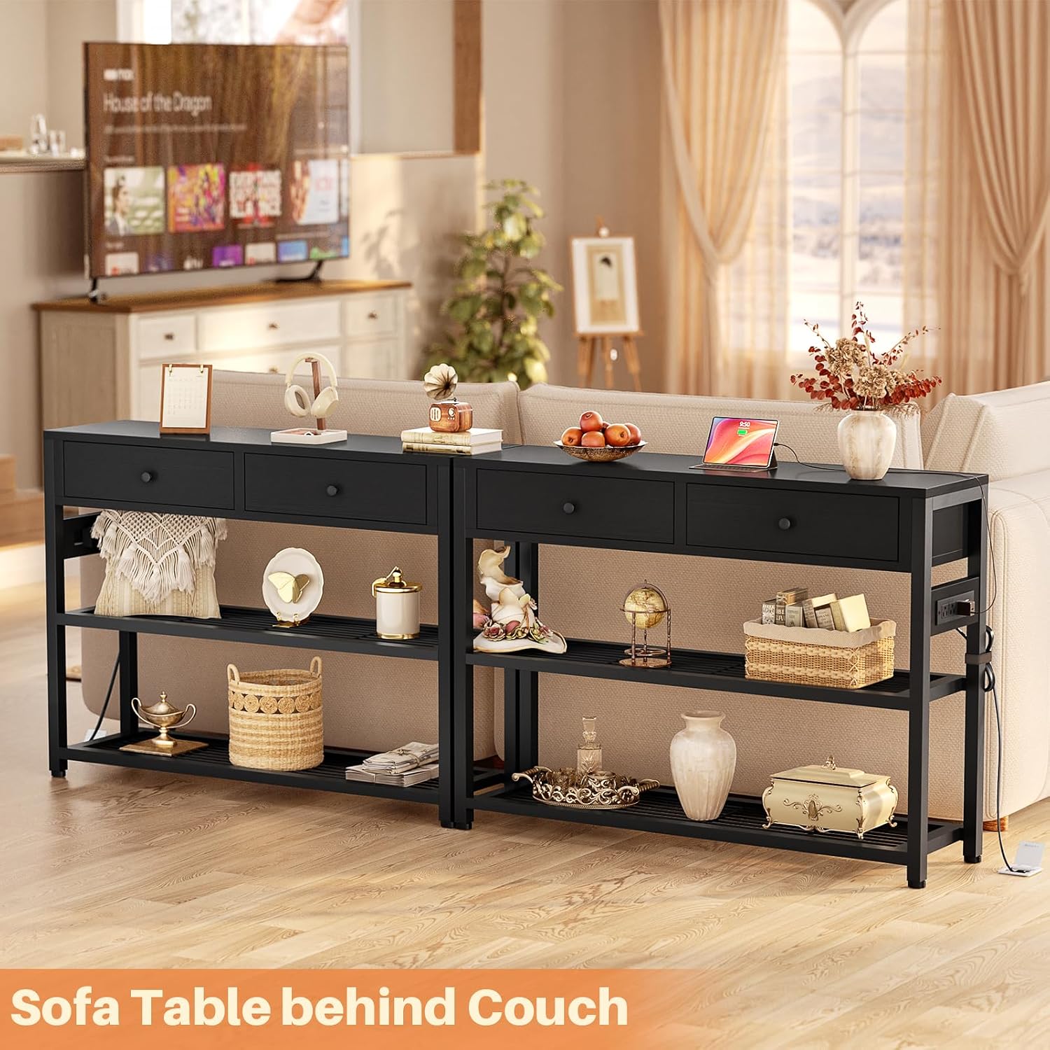 Ecoprsio Entryway Table with Outlets and USB Ports, Console Table with 2 Drawers, Small Sofa Table with Storage Shelves for Living Room, Couch, Hallway, Foyer, Kitchen Counter, 32'', Black