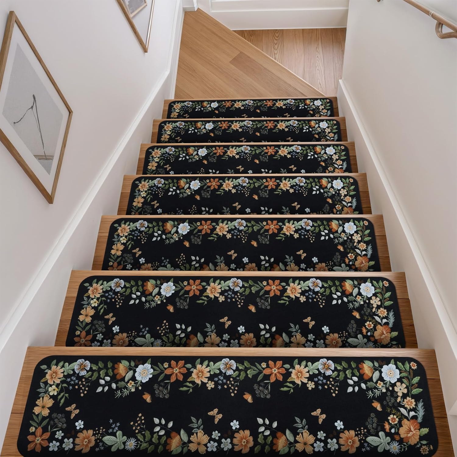 OJIA Floral Stair Treads Non-Slip Carpet Stair Treads for Wooden Steps Indoor 15PCS 30x8 Stair Runner Stair Mats Staircase Step Treads for Kids, Elders and Dogs, Stair Covers, Black