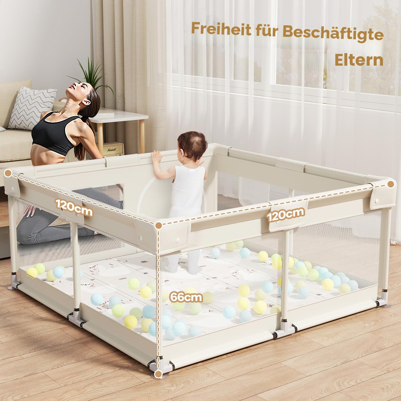 Laufstall Baby mit Matratze, Beige 120x120 Kleines Laufgitter Baby mit Matte, Laufstall für Apartment, Laufgitter mit Atmungsaktivem Netz an Vier Seiten und Saugnäpfen