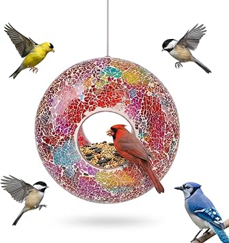 DUSVALLY Fly-Through Bird Feeder, Hanging Glass Mosaic Birdfeeder Squirrel-Proof, Outdoor Garden Yard Decoration, Red