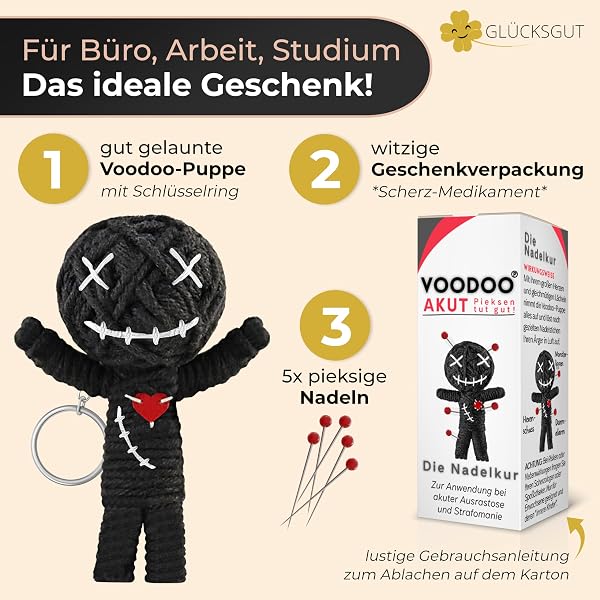 GLÜCKSGUT® Voodoo Puppe mit Nadeln | 7,5cm | Geschenkbox & Anleitung | Scherz-Medikament | Büro Geschenk für Kollegen Kollegin Chef | Anti Stress | Abschied | Büro Uni Studium - 3