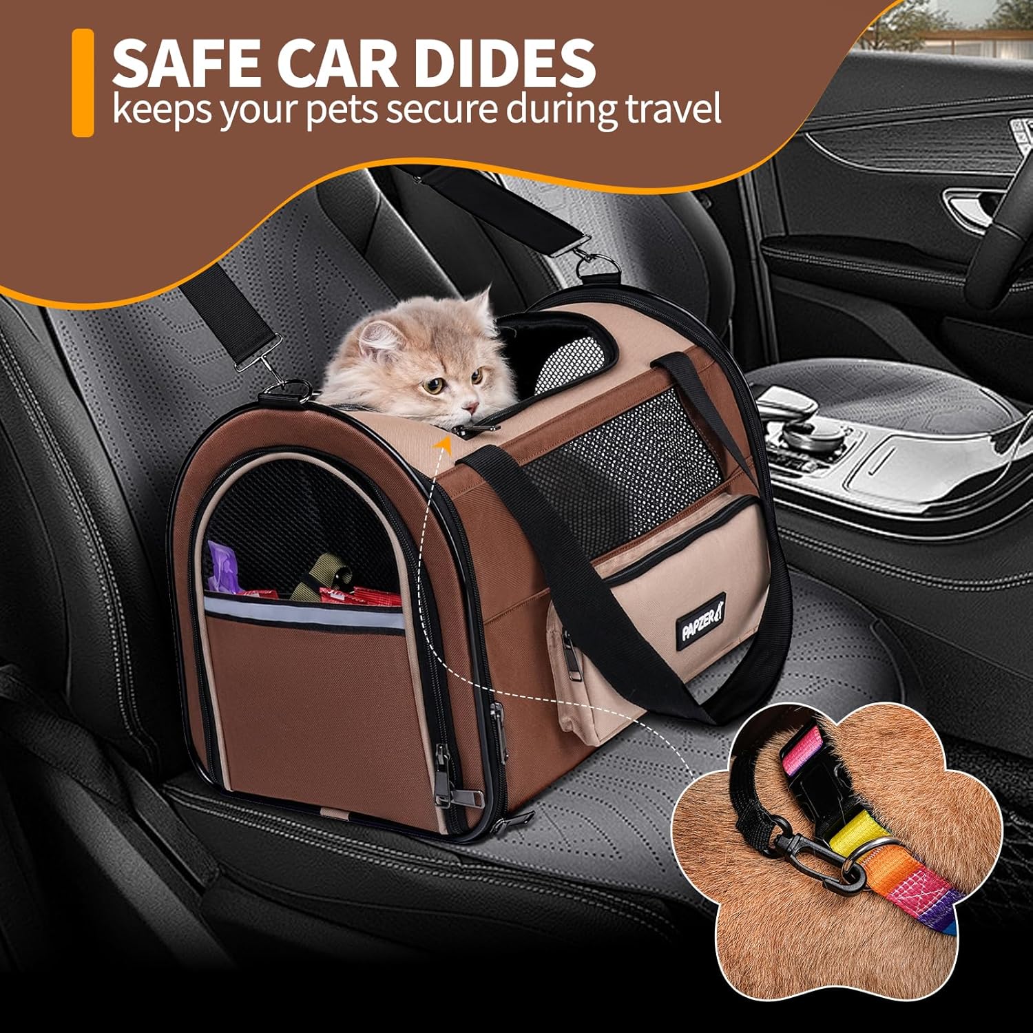 Collapsible Small Pet Carrier for Cat 15 lbs with Fashion Pocket, Lightweight Sturdy Travel Carry Bag Little Puppy Dog, Breathable Stylish Kitten Soft Cage Kennel, 17.7x11.0x11.8 Inch Khaki