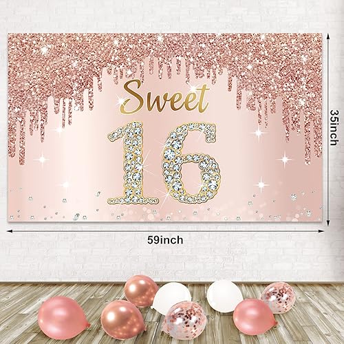 Miniatura 4 de Cartel de cumpleaños número 16 de color oro rosa con arco de guirnalda de globos de confeti, juego de globos de feliz cumpleaños número 16 para