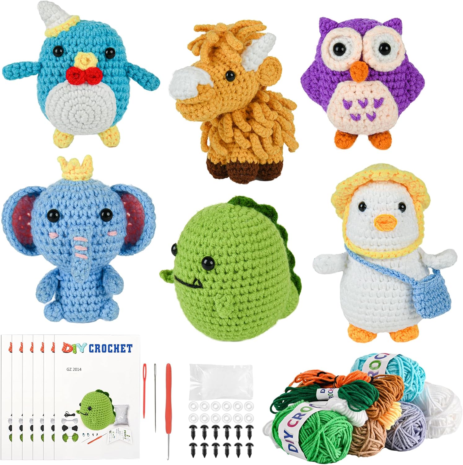 Fekvcixz 6PCS Crochet Kit for Beginners, 2026 DIY Craft for Adults and Kids, Great Gift for Crochet Lovers, Crocheting Animal Kits with Step by Step Videos,Yarn,Crochet Hook,Birthday Holiday Gift