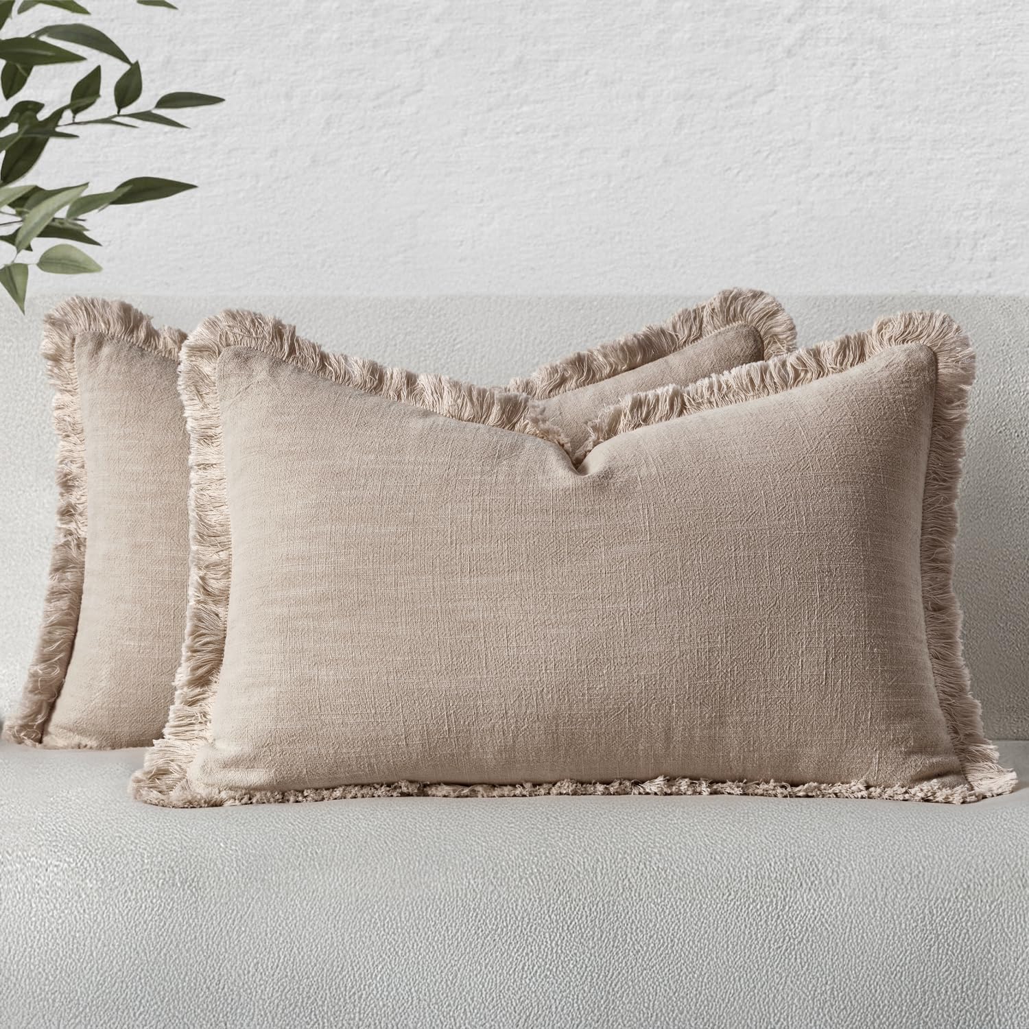 MIULEE Natural Linen Fringe Decorative Lumbar Throw Pillow Covers 12x20