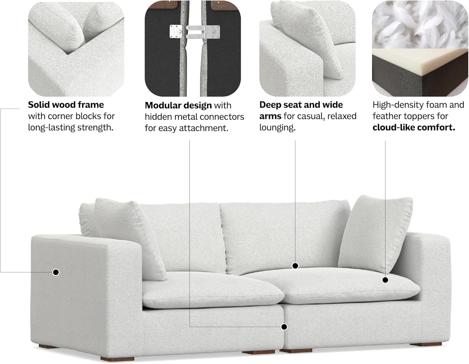 SIMPLIHOME Jasmine 2-Seater Modular Sofa in Performance Fabric, Cloud Grey, 88-inches Wide, Handcrafted Contemporary-Style Loveseat Sofa for Living Room