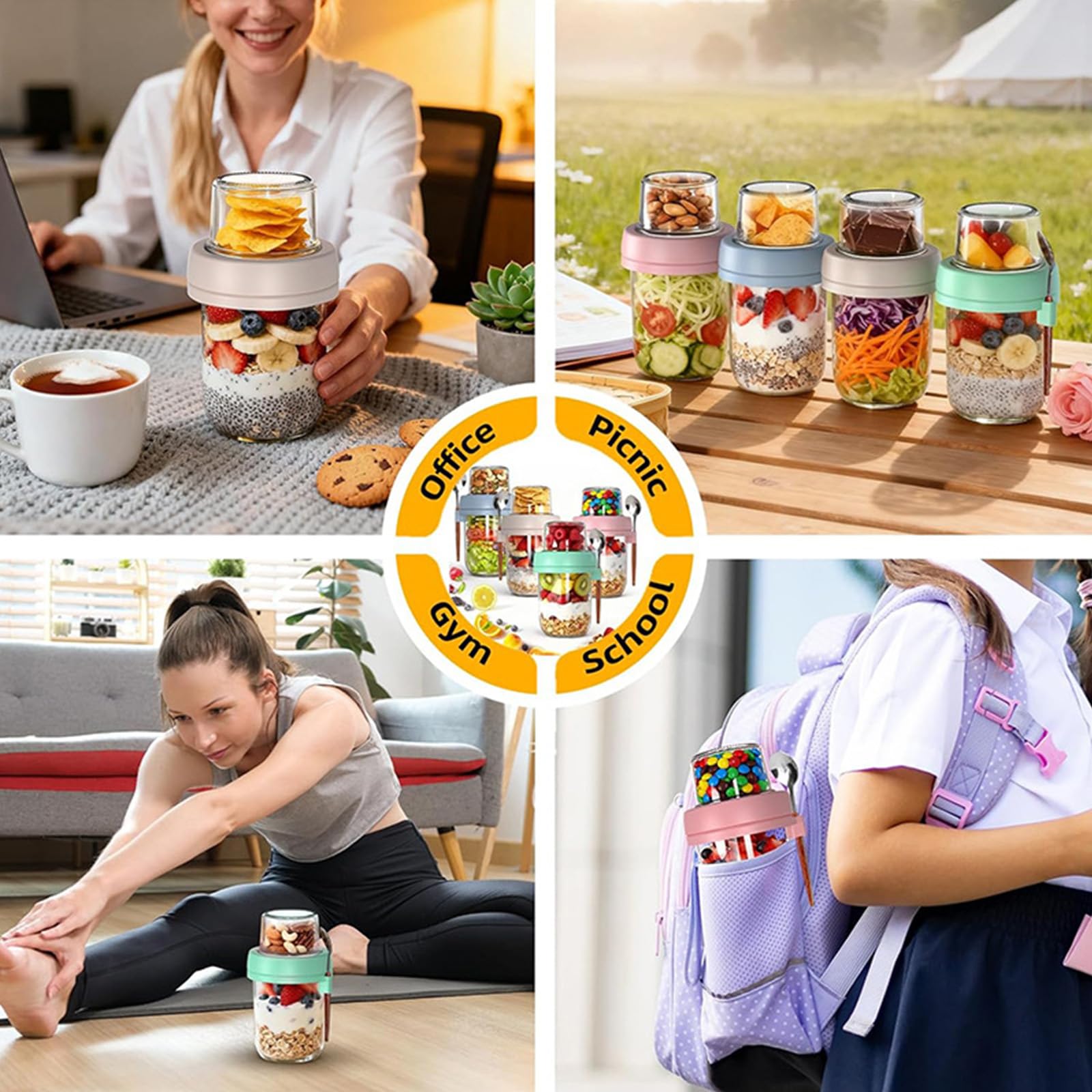 Set di contenitori in vetro con scomparto a strati, cucchiaio e coperchio per bevande calde e fredde, ciotole per la colazione, set di bicchieri in vetro isolati