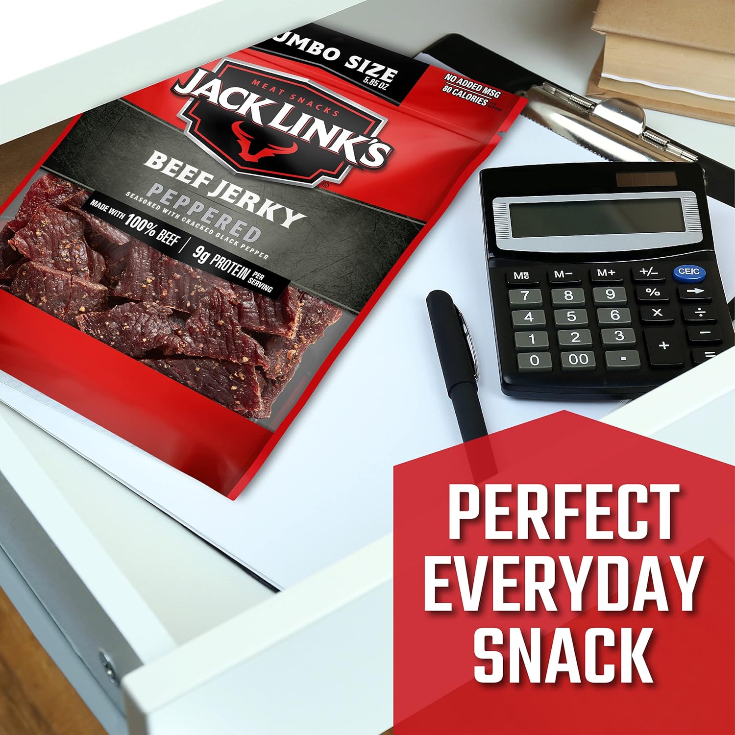 Jack Links Beef Jerky, Peppered, Sharing Size Bag – Meat Snack with 9g of Protein 80 Calories, Made with Premium Beef, No added MSG** or Nitrates/Nitrites, 5.85oz (Pack of 2) Jack Links Beef Jerky, Peppered, Sharing Size Bag – Meat Snack with 9g of Protein 80 Calories, Made with Premium Beef, No added MSG** or Nitrates/Nitrites, 5.85oz (Pack of 2)