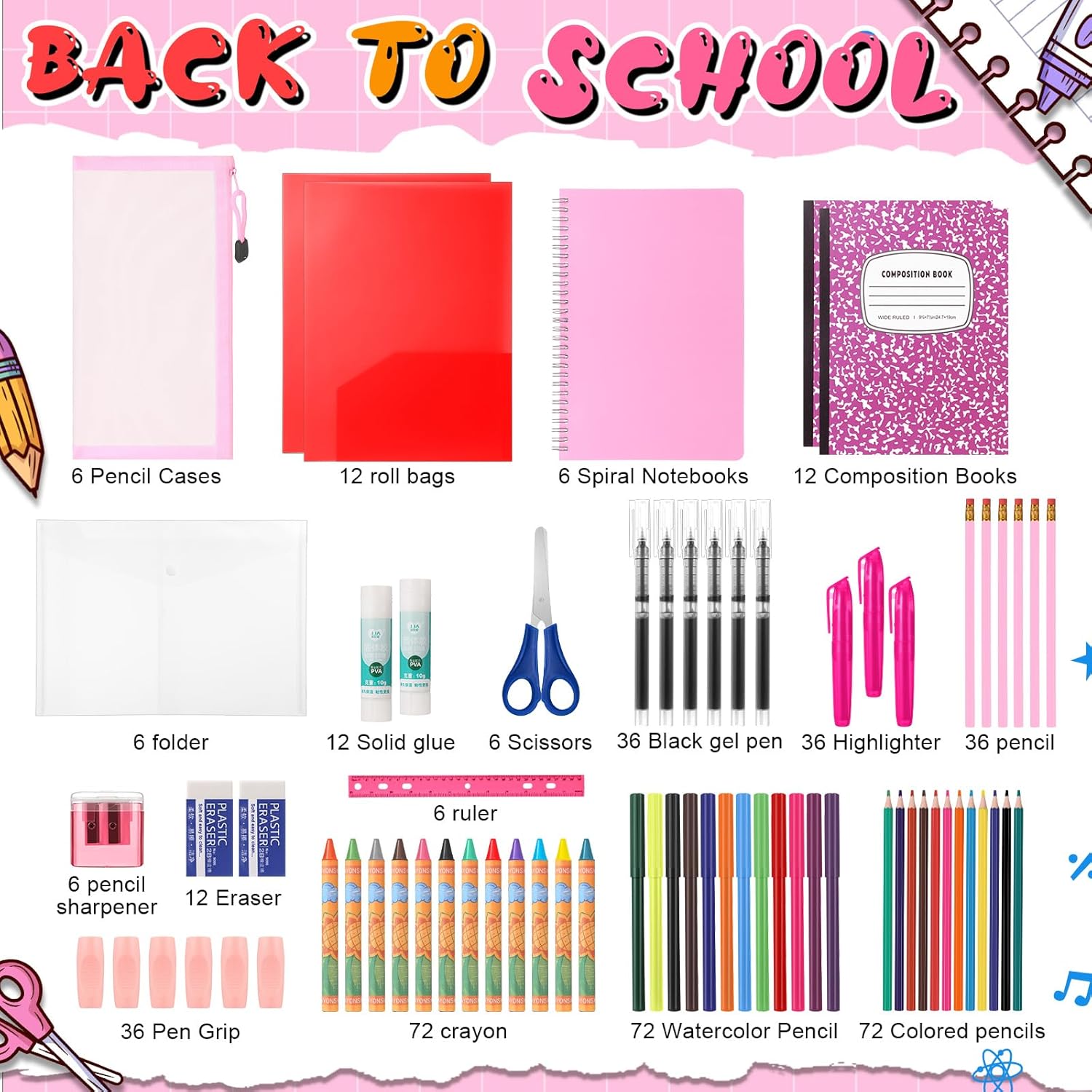 Gilprop 6 Sets Christmas Gift Back to Supplies 72 Pcs Per Set Elementary Middle High Supplies Bundle Kit Gift for K-8(Pink)