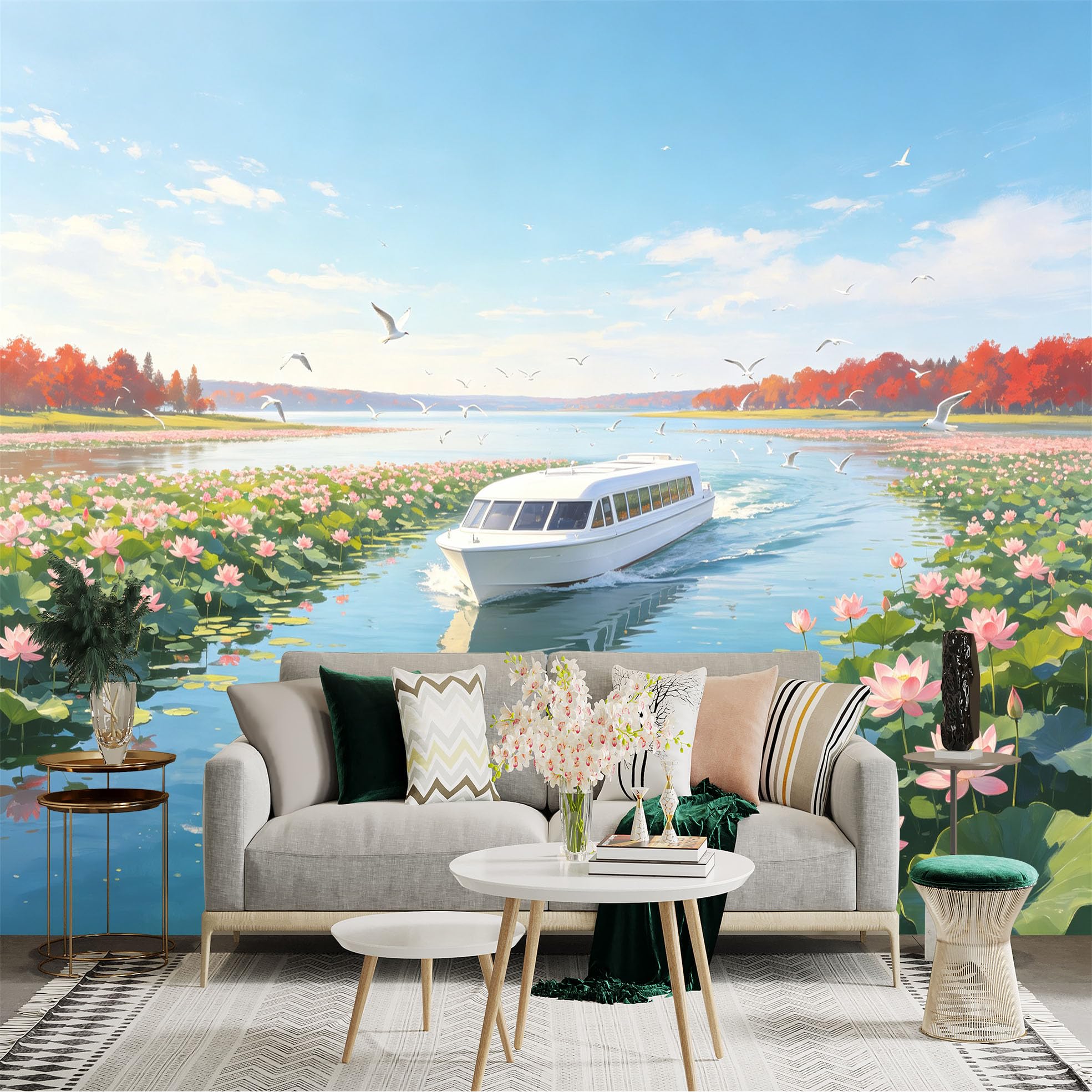 Custom Size Wall Sticker Mural， White Cruise Ship on Lake， Pink Lotus Flowers and Flying Birds， Serene Landscape Scene， for wall Decoration， peelandstick wall Decals.