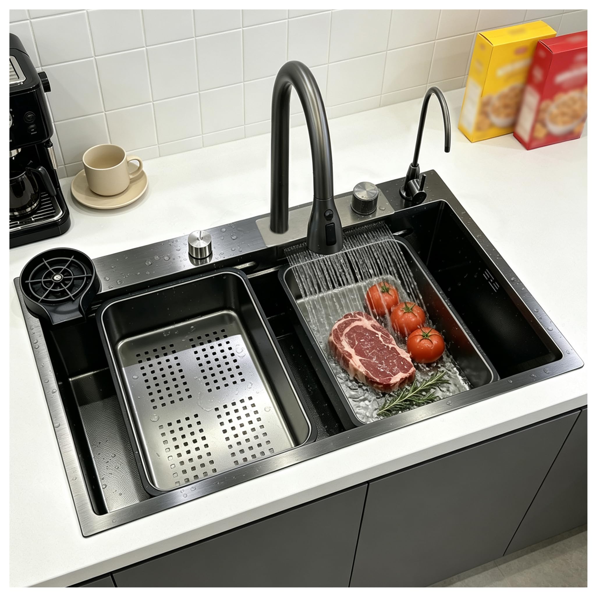 Multi-Functional Waterfall Sink13-Piece Stainless Steel Kitchen Sink Set with Digital Display Pull-Out Faucet Single Bowl Workstation Cup Washer and Control Knobs(Color:Black-Grey-B,Size:80x45cm)