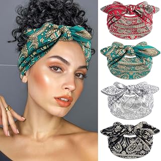 Wide Boho Headbands For Women Elastic Bow Soft Head Wraps 4Pcs | Paisley Non Slip Hair Band ,Vintage Turban Bandanas,Large Green Head Bands ,Yoga Workout Sweatbands For Girls