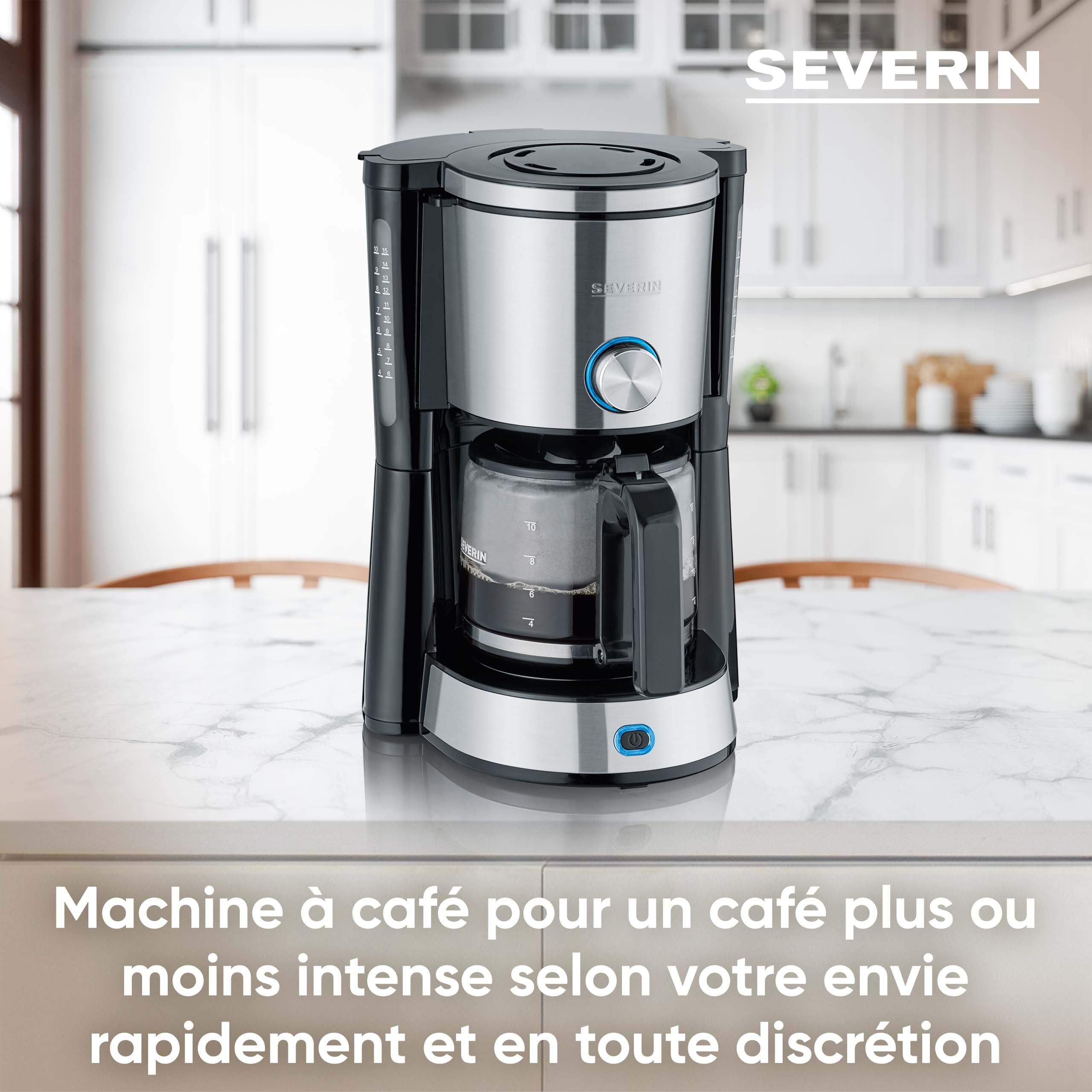 SEVERIN Cafetière Filtre avec réglage de l'arôme, 1 000 W, 1,4L, Jusqu'à 10 tasses, Porte-filtre amovible, Système anti-goutte, Inox / Noir, KA 4825