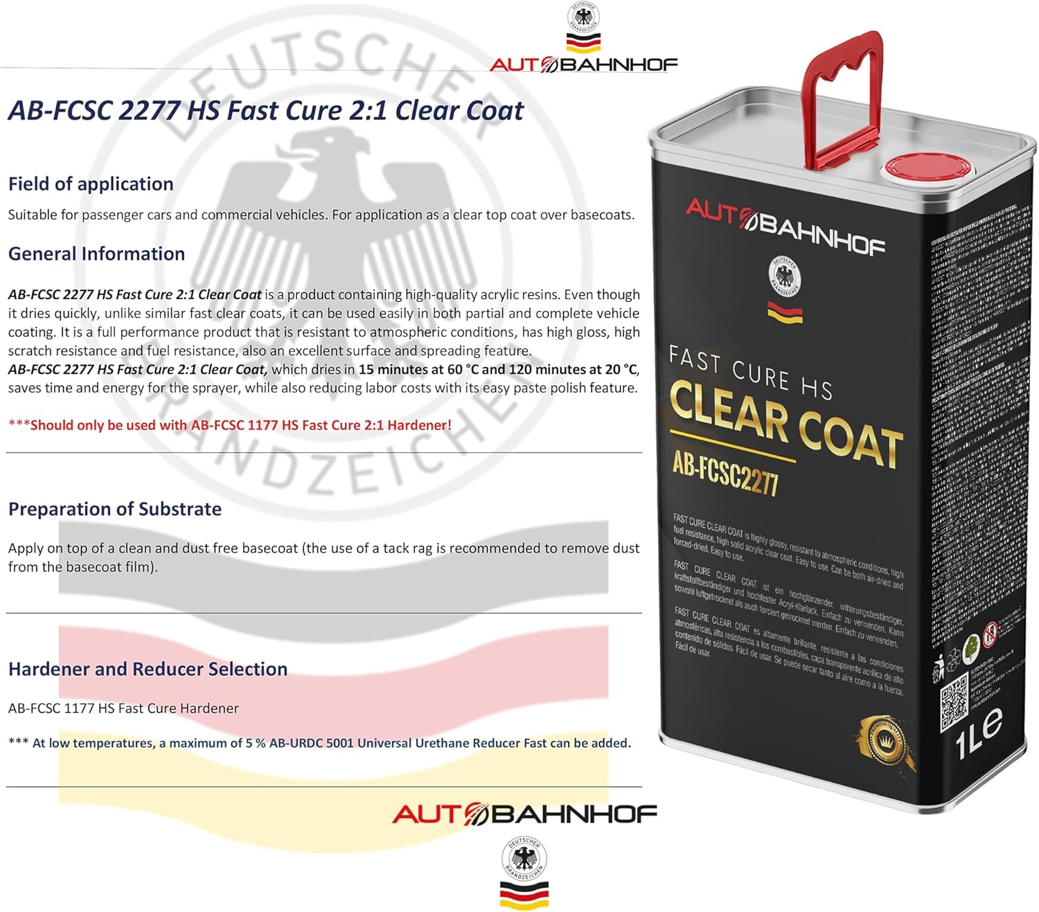 AB-FCSC 2277 HS Fast Cure 2:1 Clear Coat + AB-FCSC1177 Hardener High Temp – | Rapid Dry, Superior Gloss & Durability | Professional Car Coating