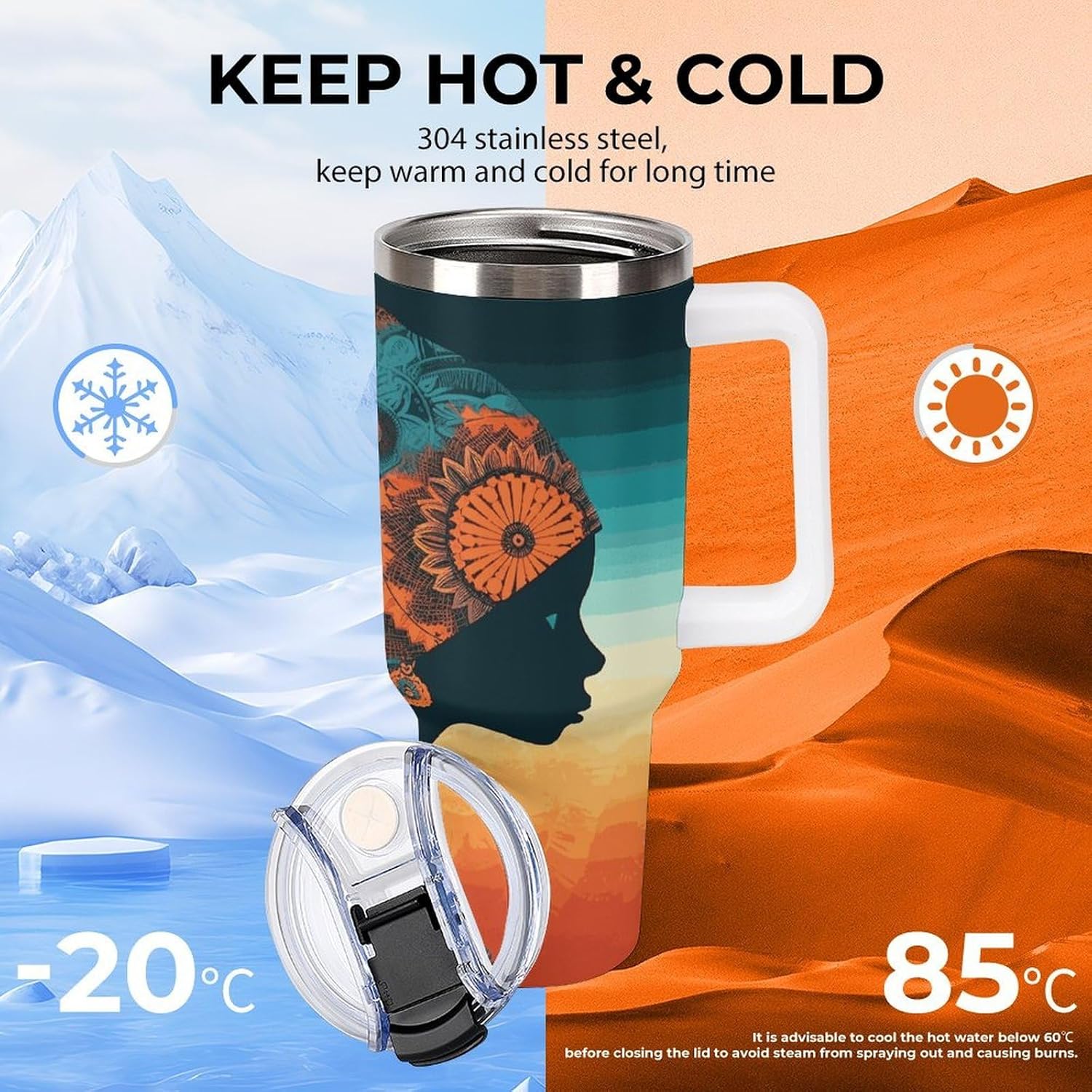 Woman Wearing Headscarf Tumbler 40 Oz with Handle&Lid Large Car Cup Stainless Steel Vacuum Travel Mug Insulated Water Bottle Leak-proof Portable Coffee Cup for Home Car Outdoor