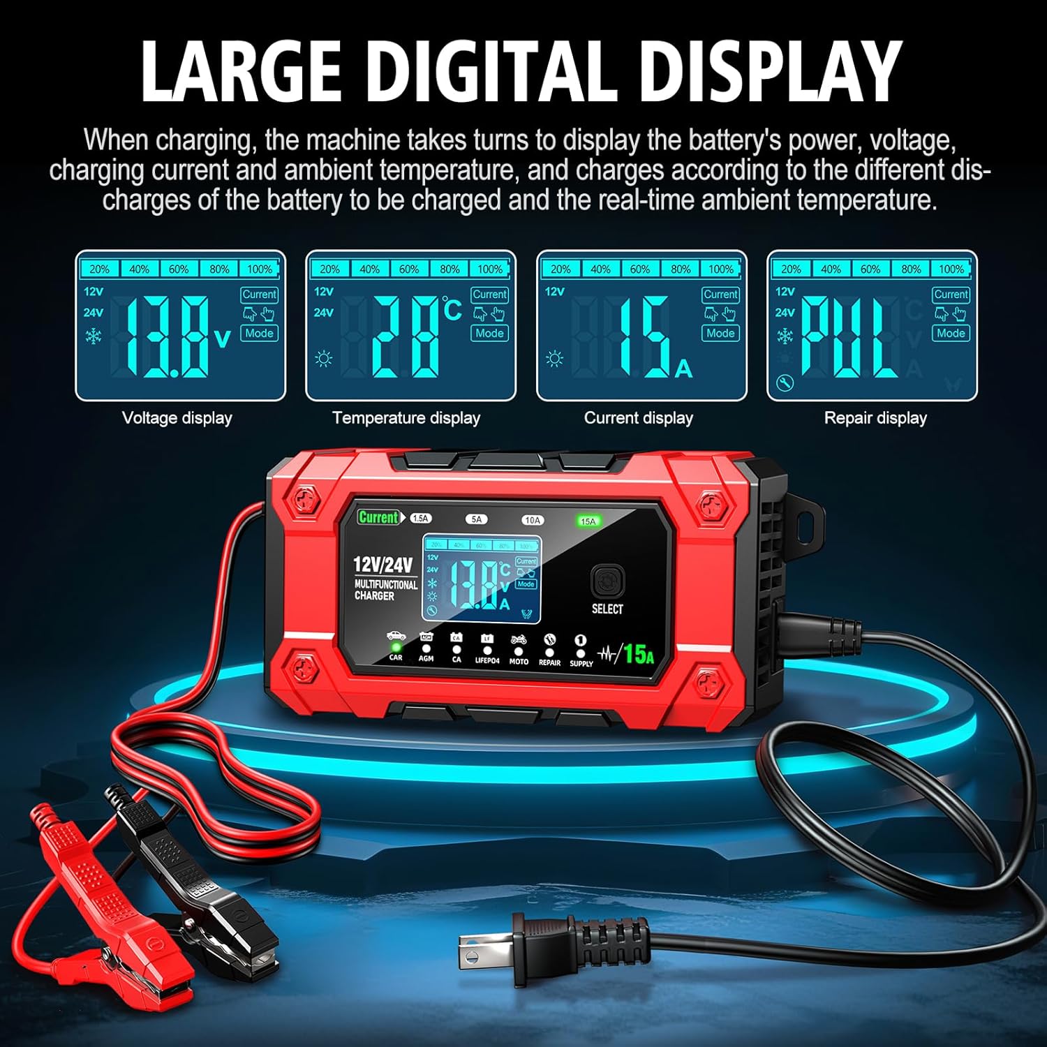 Battery Charger 15A 12V/24V Fully Automatic Lead-Acid Battery Maintainer, Car Battery Trickle Charger and Desulfator Multiple Modes, Multi-Functional, Wide Range of Applications