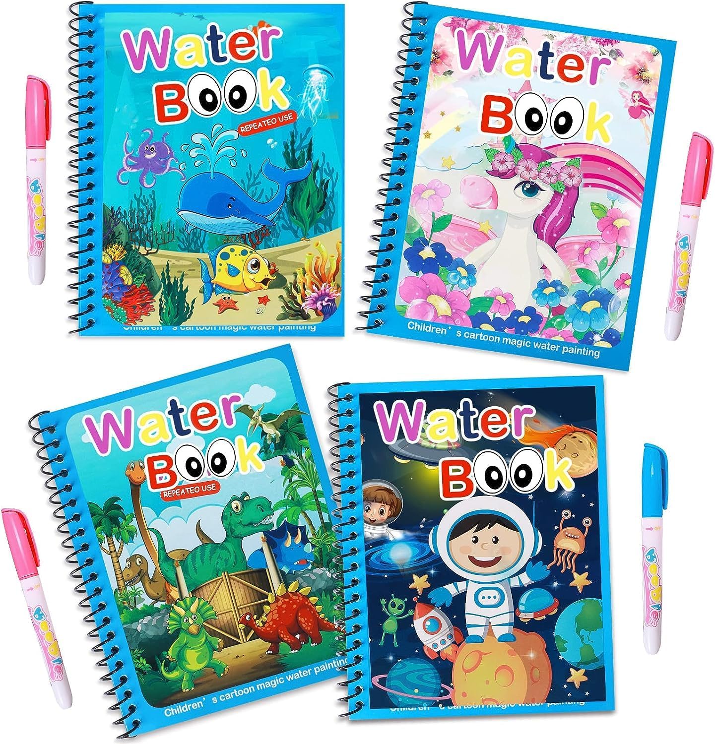 (4 Pack) Magic Water Book for Kids with Magical Water Doodle Pen, Reusable Self Drying Water Painting Books, Best Montessori Toy Gift, Age 3+ Years
