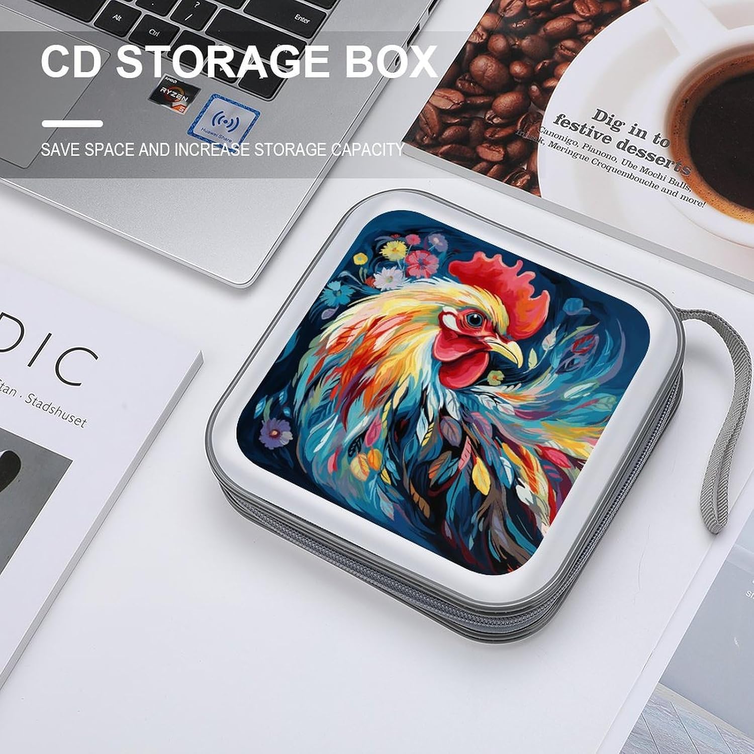 Art Colorful Chicken CD Case 40 Capacity DVD Cases for Car Portable CD Boxes Holder with Zipper Protective DVD Box with Handle for Blu Ray Movie Music Audio Disk image 4