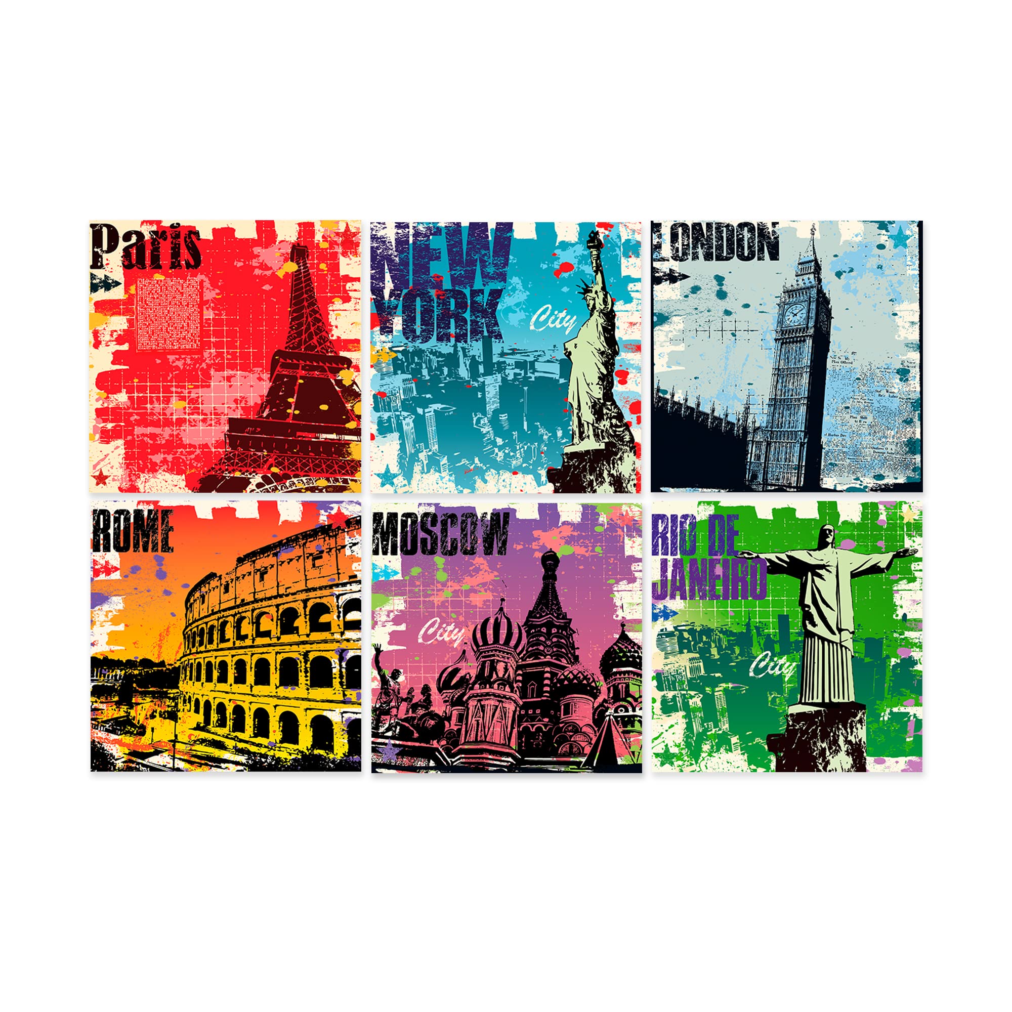 Photo 1 of (2PACK) Travel Posters, Host Cities Posters 11x11 Inches, Popular Cities Wall Collage Set, Collage Prints New York Paris London Rome Rio de Janeiro Moscow, Set of 6 Trendy Posters