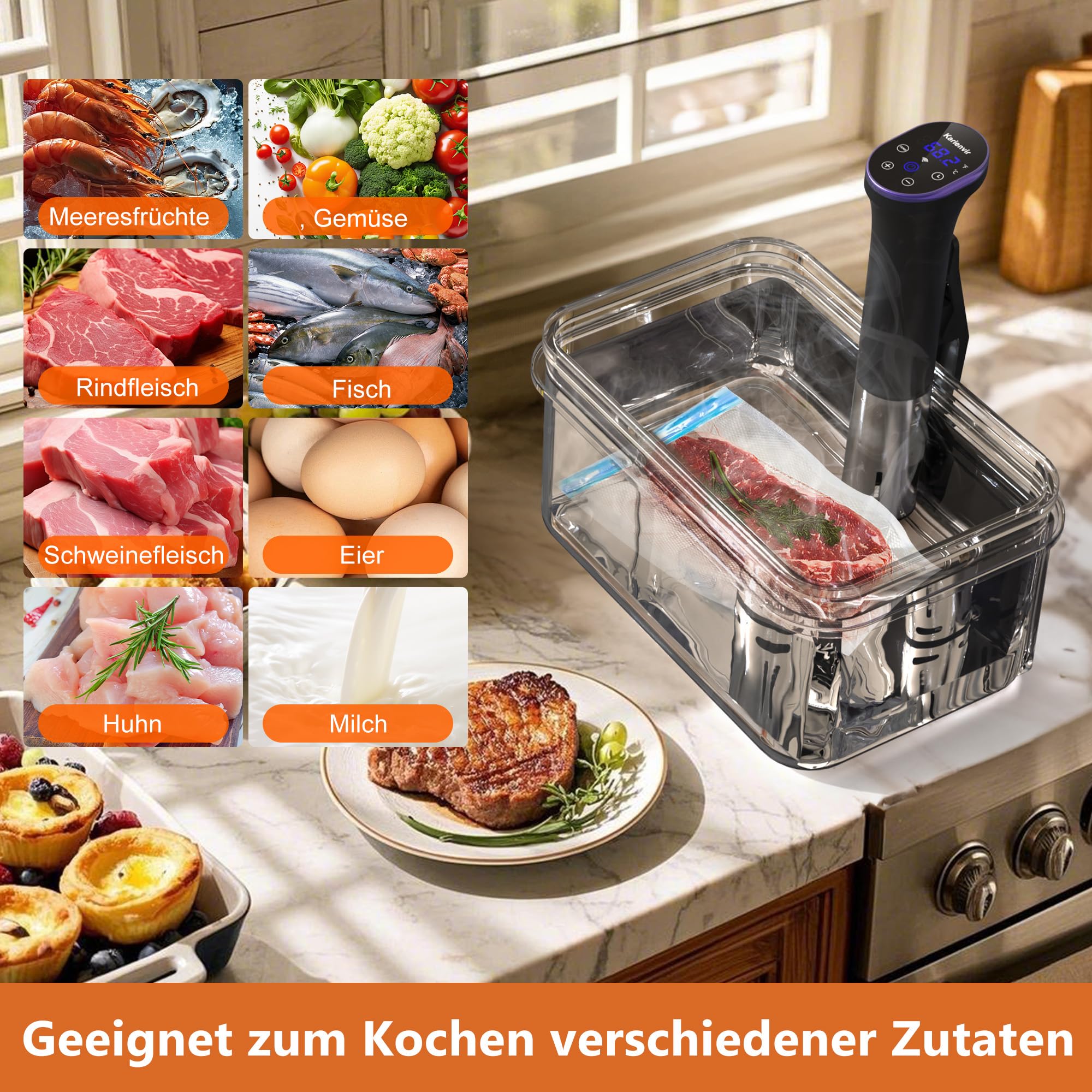 Sous Vide Garer Stick 1400W, Sous Vide Stick mit LCD Touchdisplay, Wifi Präzisionskocher Präziser, IPX7 Wasserdicht, 360° Präzisionskochtopf Immersion Zirkulation mit Timer