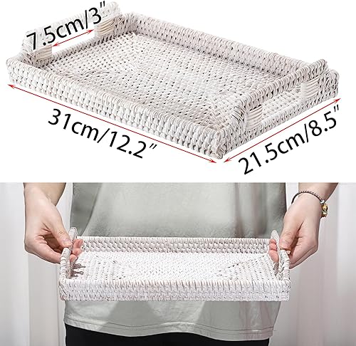 Miniatura 39 de Hipiwe Bandeja de ratán para servir con asas, bandeja decorativa tejida a mano para almacenamiento de desayunos, bebidas, aperitivos, bandeja
