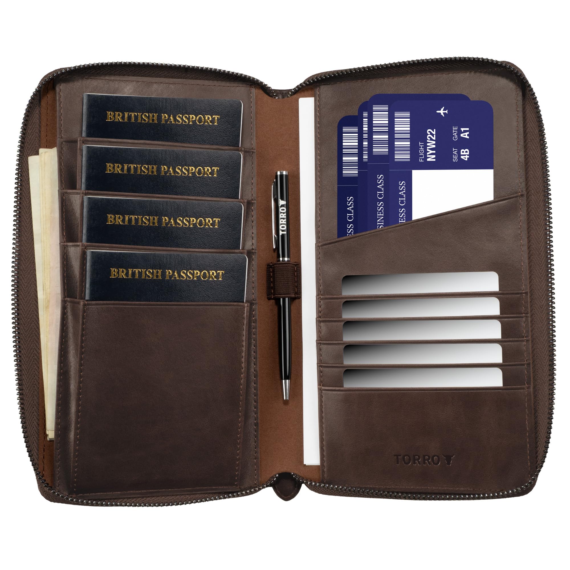 TORRO Familien-Reisebrieftasche – Echtleder-Reise-Veranstalterin/Familienpass Halter, Reisebrieftasche für 4 Pässe (Dunkelbraun)