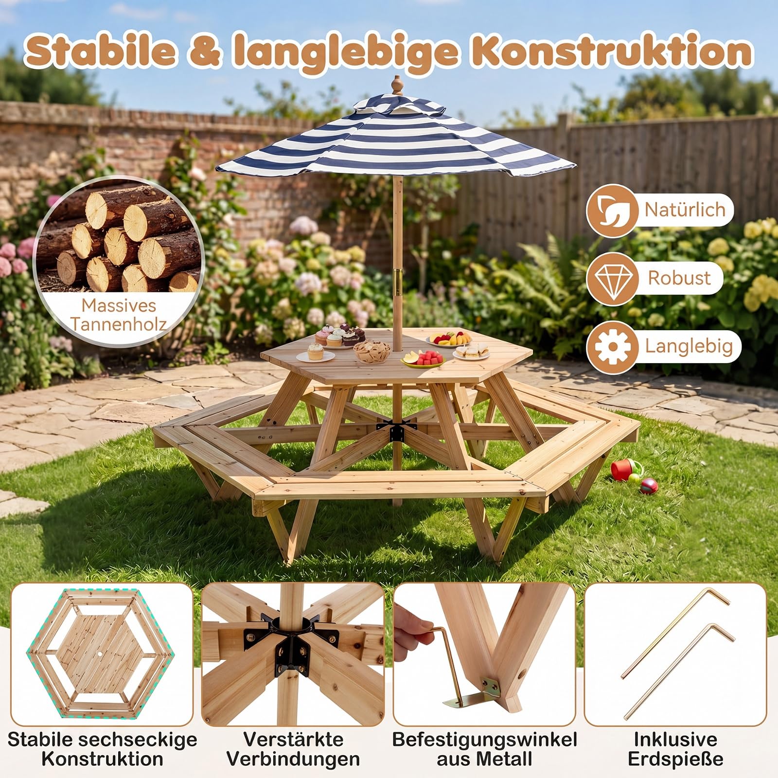 COSTWAY Kindersitzgruppe Outdoor mit höhenverstellbarem Sonnenschirm | Kinder Picknicktisch sechseckig mit Bänken, Kindersitzgarnitur für 6 Personen, Gartenmöbel aus Holz für Garten, Terrasse