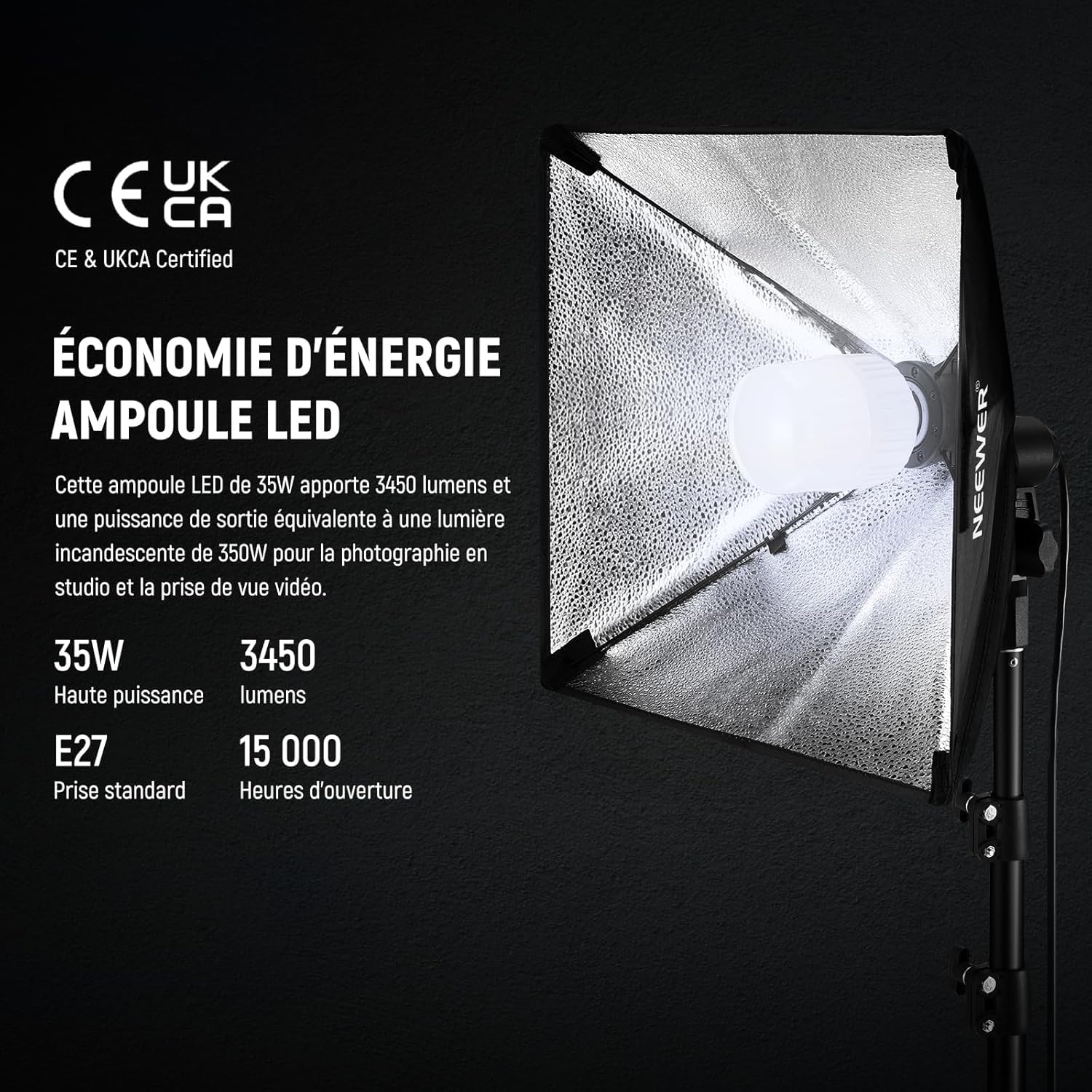 NEEWER Kit d'Éclairage Softbox 40x40cm avec Ampoule LED 35W Prise E27 (Prise UE) certifié CE&UKCA 5700K CRI93+, Support d'éclairage 180cm pour éclairage de Photographie TikTok Live Streaming, SF40