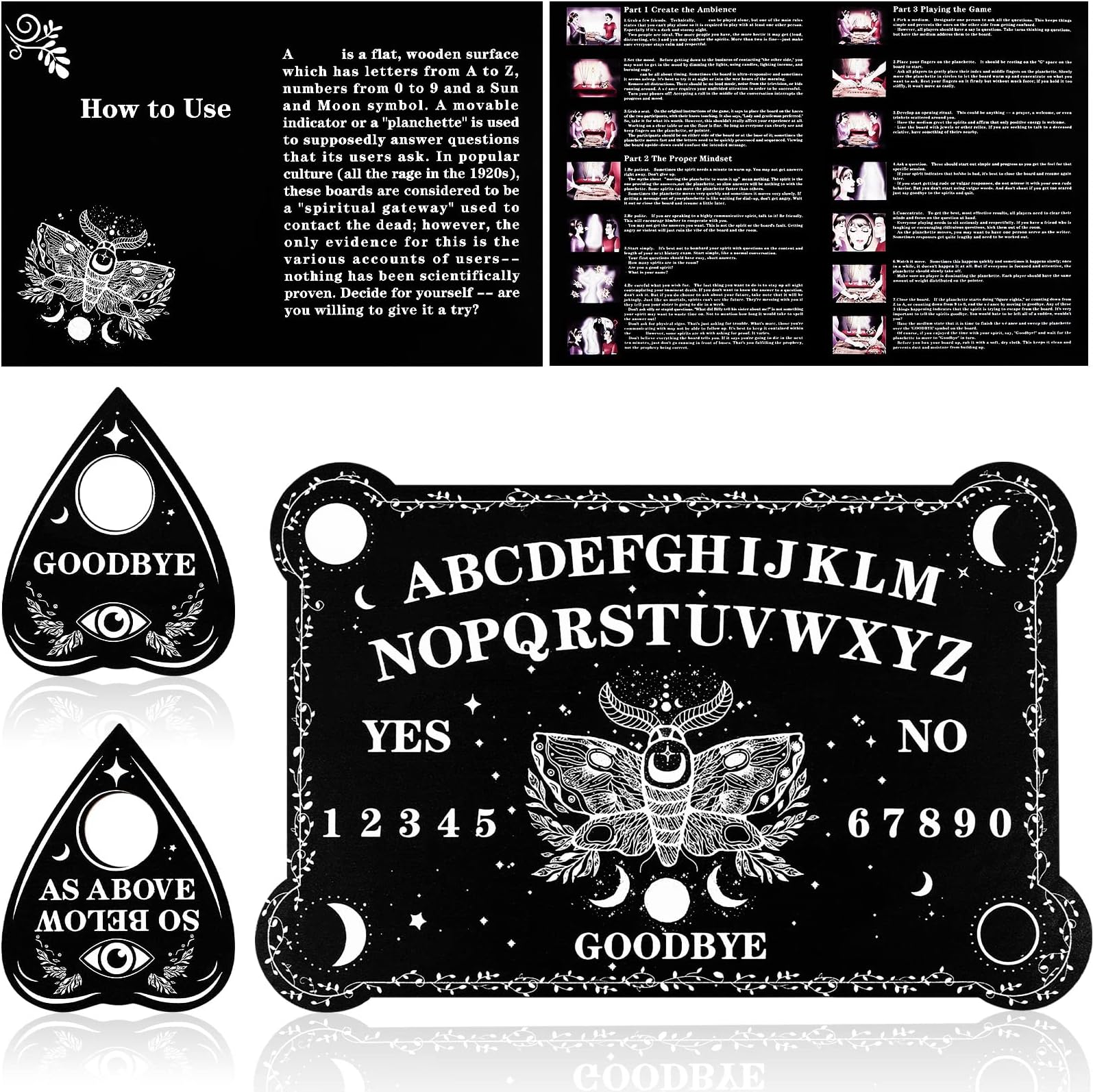 Pendulum Dowsing Divination Board Set Black Wooden Talking Board with Planchette Accessories for Birthday Party and Family Gatherings Games Supplies(Moth Style)