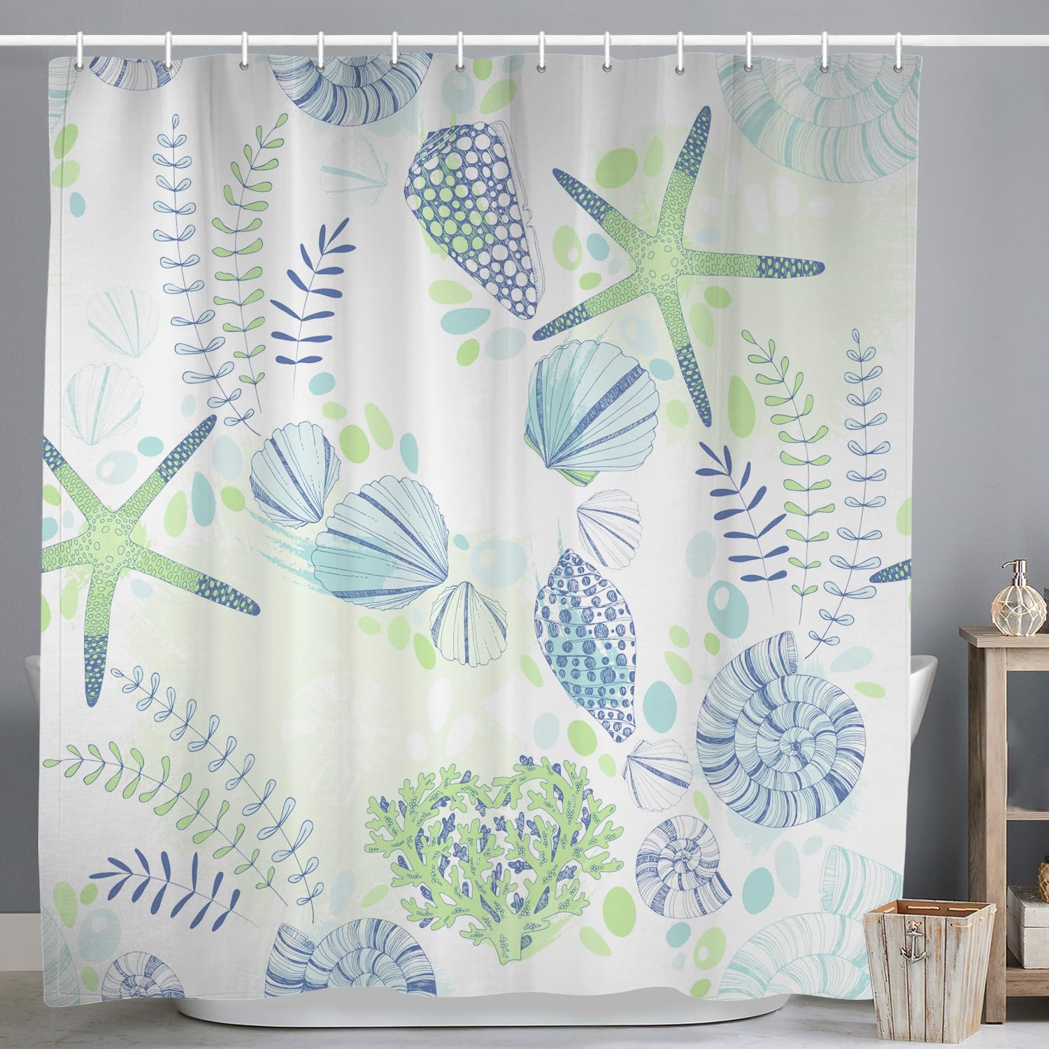 ASDCXZ Maritim Shower Curtain 180x240 cm, Blue Green Sea Animals Starfish Shell Leaves Maritime Nautical Washable Shower Curtains Polyester Textile Waterproof Bath Curtain for Bathtub with 12 Hooks — image 1