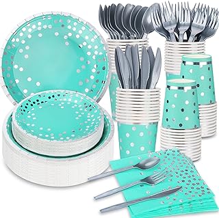 Teal and Silver Party Supplies 140 Pieces Silver Dot Disposable Party Di...