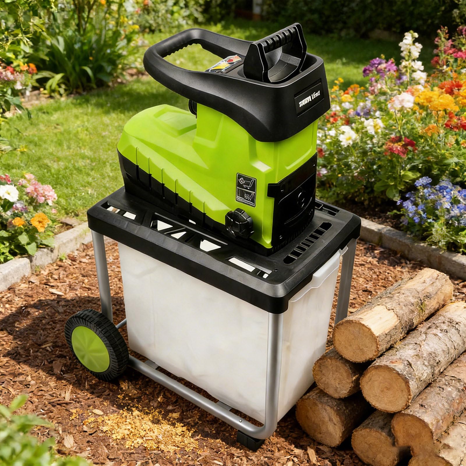 Trituradora De Jardín Eléctrica con Depósito Recolector Desmontable De 60 L Y Dos Entradas De Alimentación De 4,5 Cm/3 Cm. Motor De 5000 RPM, Triturador Ajustable