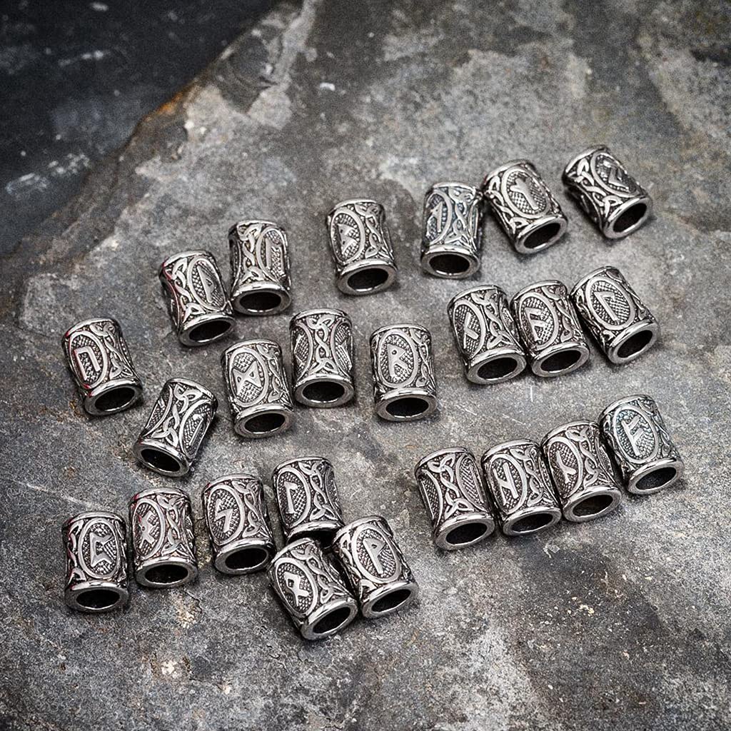 YABEME 24 Piezas Cuentas Runas Vikingas Acero Inoxidable - Cuentas Barba Pelo, para Trenzar Bricolaje Pulsera Collar Colgante, Nórdico Escandinavo para Hombres Mujeres Símbolos de Amuleto