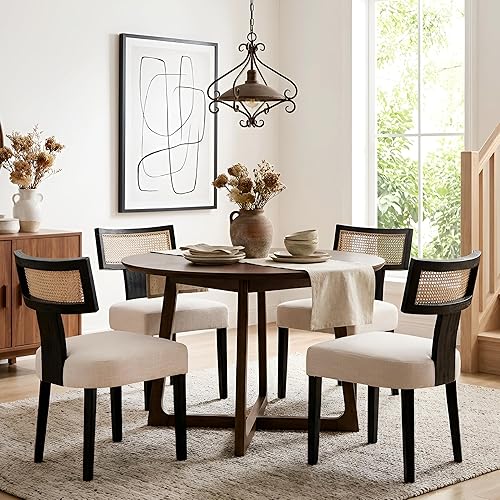 Miniatura 3 de HNY Juego de 2 sillas de comedor de ratán modernas de mediados de siglo, silla decorativa tapizada de lino de granja, sillas de cocina con respaldo